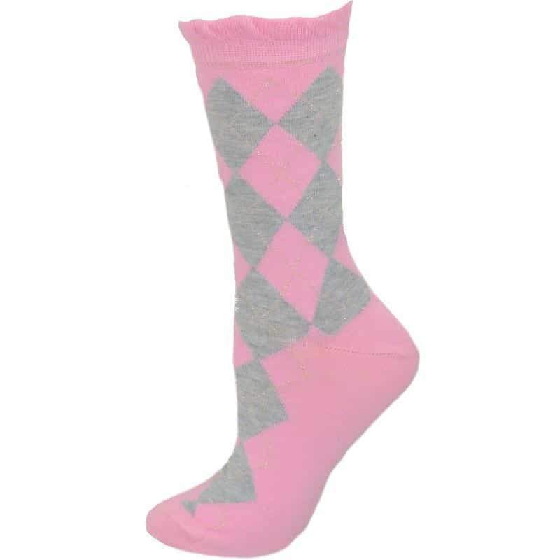 A pair of stylish sparkly cotton argyle crew socks featuring a vibrant pattern and Lurex accents, perfect for both casual and dressy occasions.