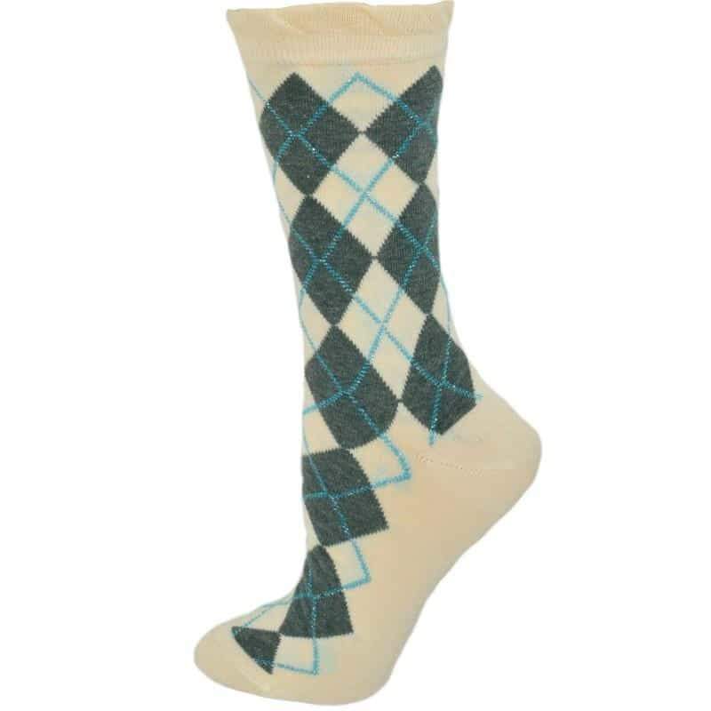 A pair of stylish sparkly cotton argyle crew socks featuring a vibrant pattern and Lurex accents, perfect for both casual and dressy occasions.