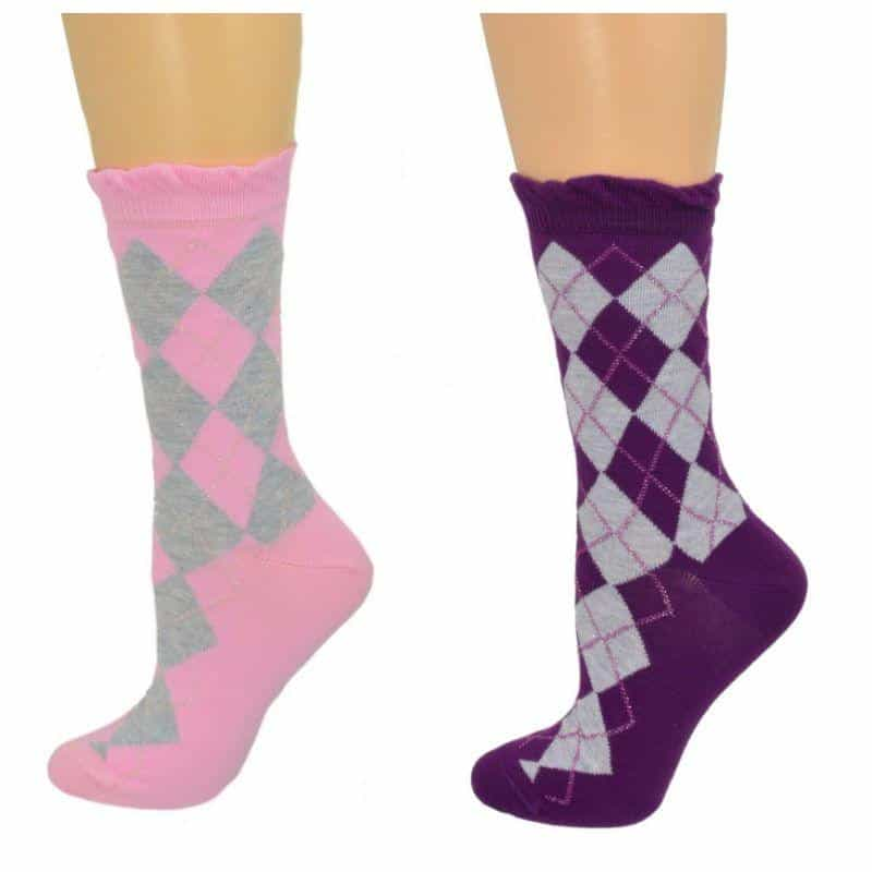 A pair of stylish sparkly cotton argyle crew socks featuring a vibrant pattern and Lurex accents, perfect for both casual and dressy occasions.