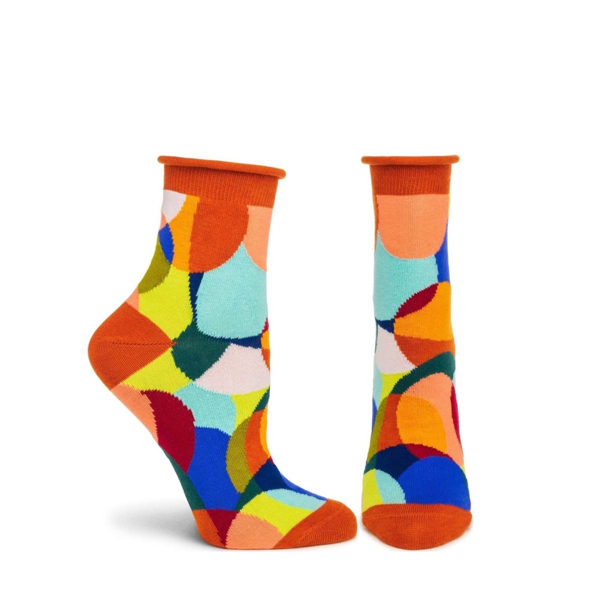 Colorful Spot On Ankle Sock featuring a rolled top and bandless design, made from cotton, nylon, and spandex.