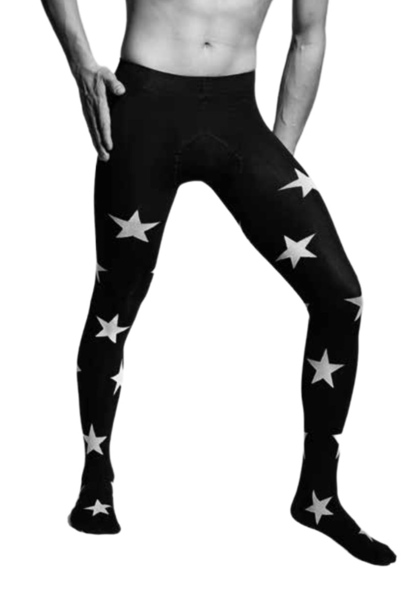 Men's STAR tights featuring a black base with a white star pattern, designed for comfort and style.