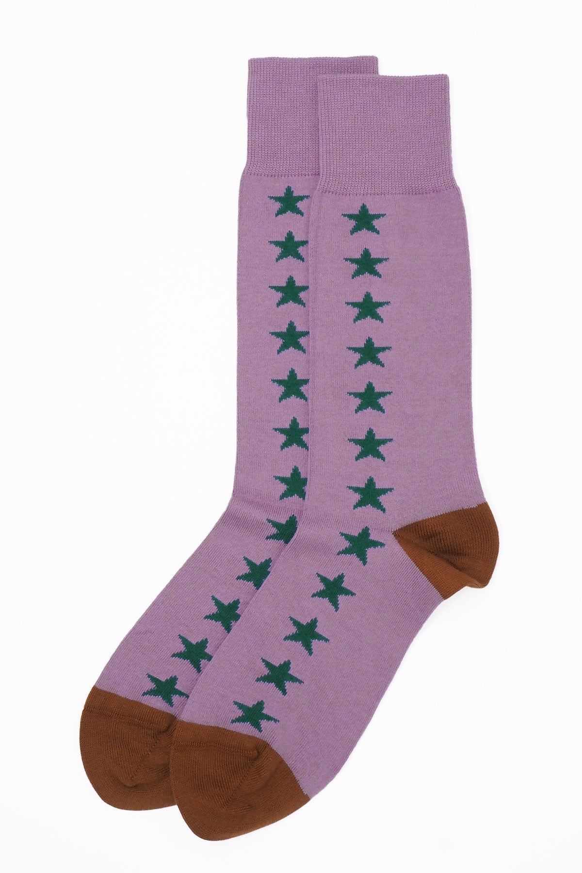 Purple Starfall Men's Socks featuring contrasting green stars, made from luxurious Supima cotton.