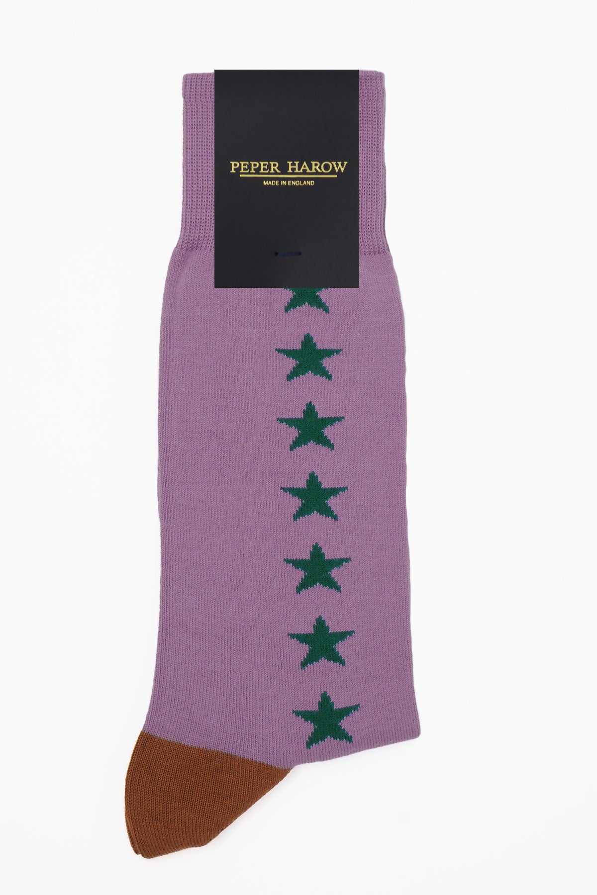 Purple Starfall Men's Socks featuring contrasting green stars, made from luxurious Supima cotton.