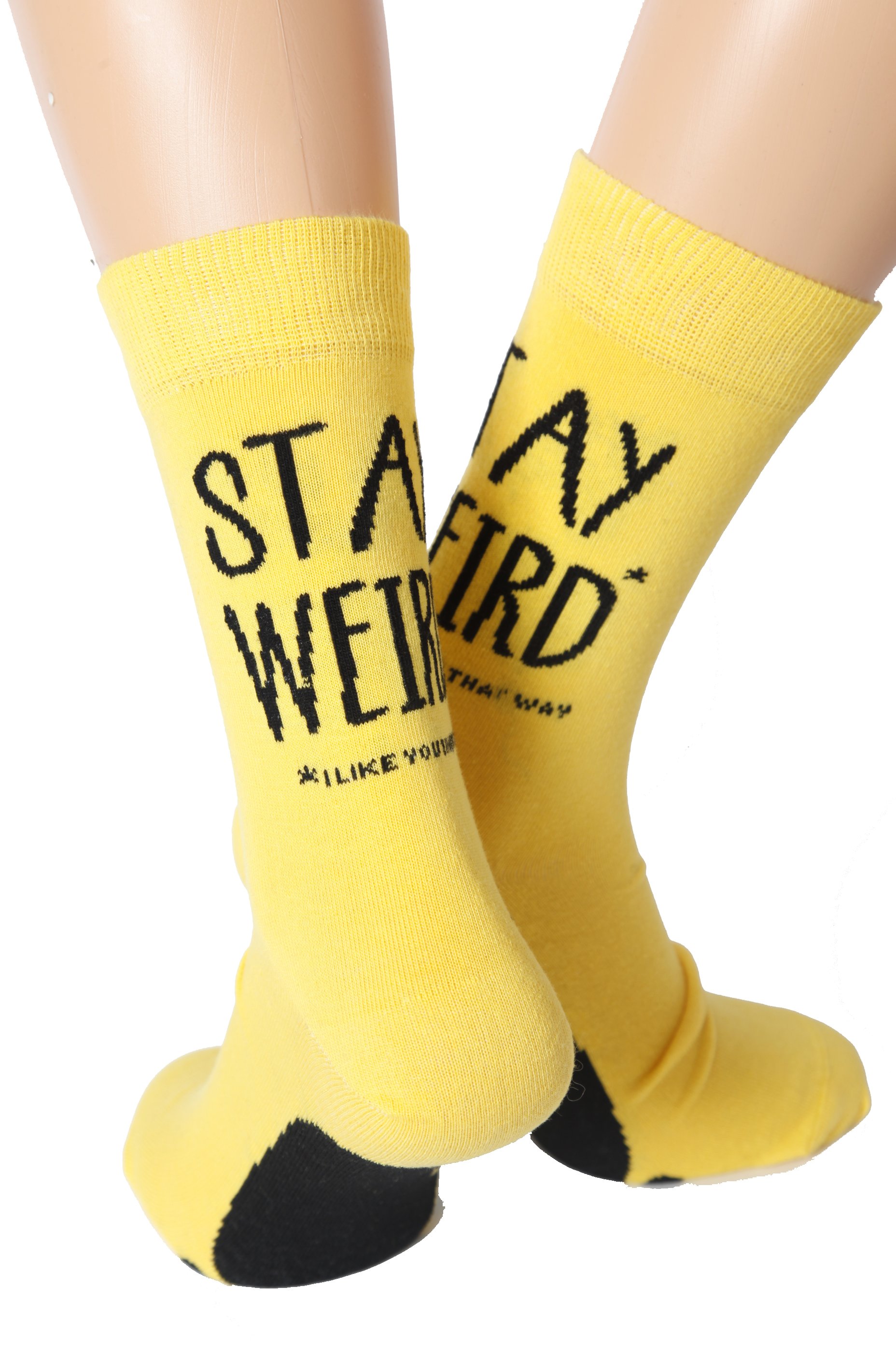 Bright yellow STAY WEIRD men's socks featuring playful text and foot print design.