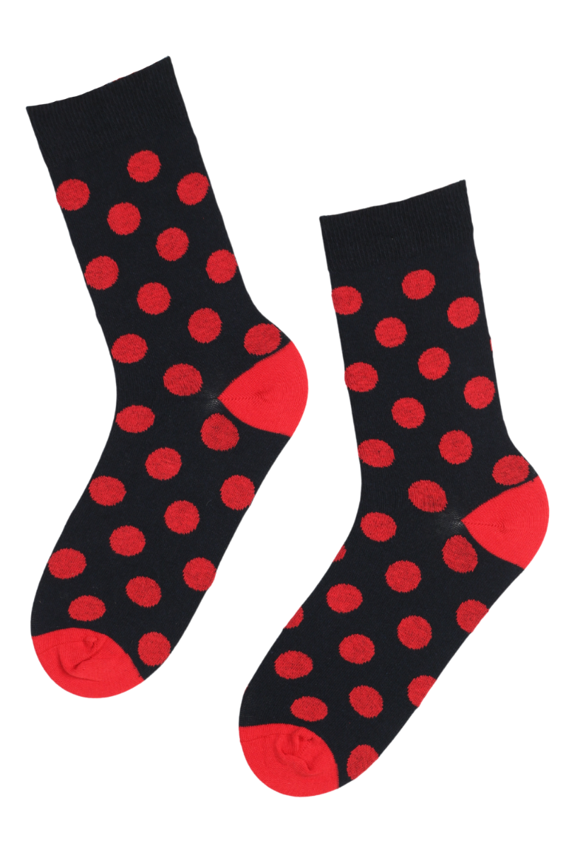 A pair of dark blue socks with red dots, made from recycled cotton, showcasing a stylish and eco-friendly design.