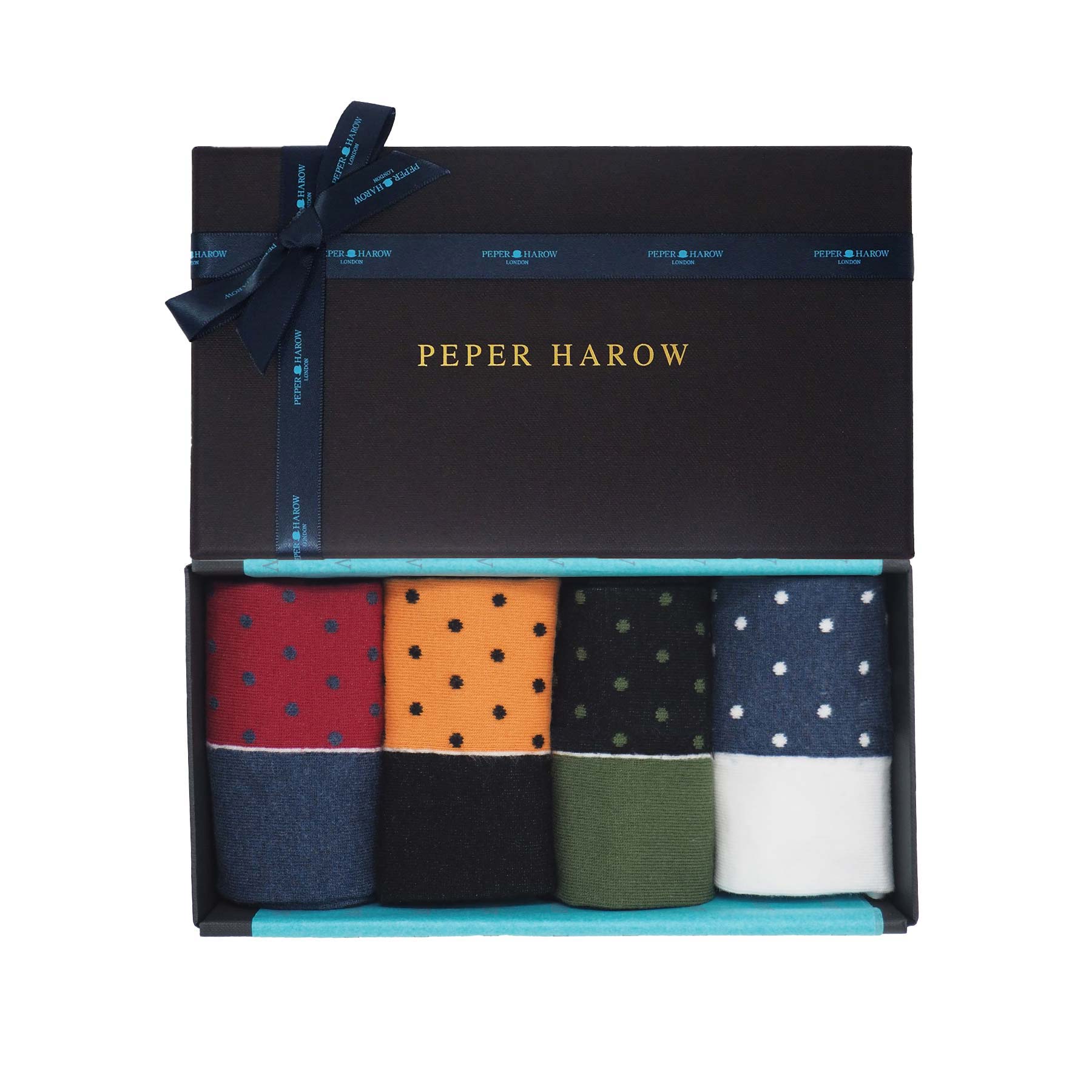 Summer Men's Gift Box featuring four pairs of organic cotton socks in polka dot designs, perfect for stylish summer gifting.