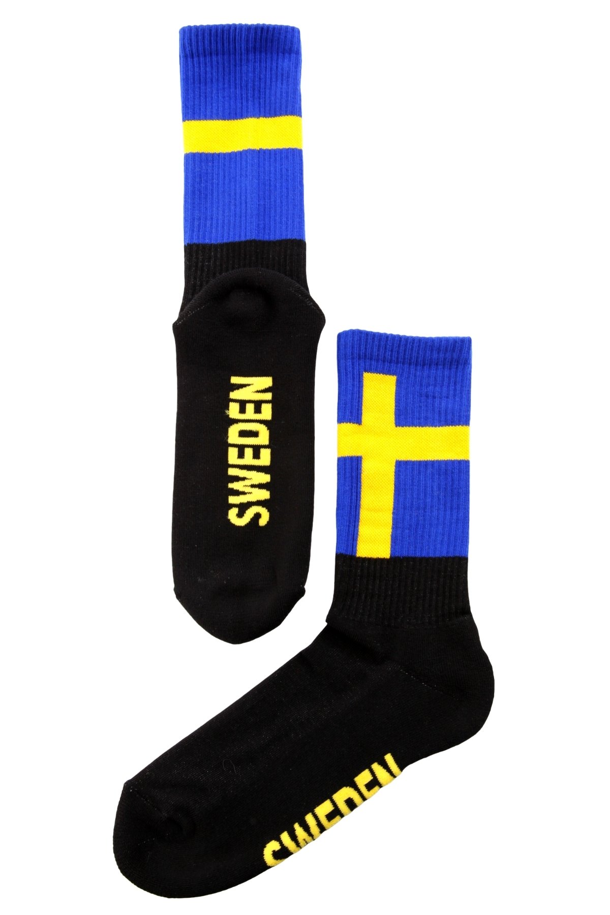 A pair of black cotton socks featuring the Sweden flag design, with 'SWEDEN' written on the sole, suitable for men and women.