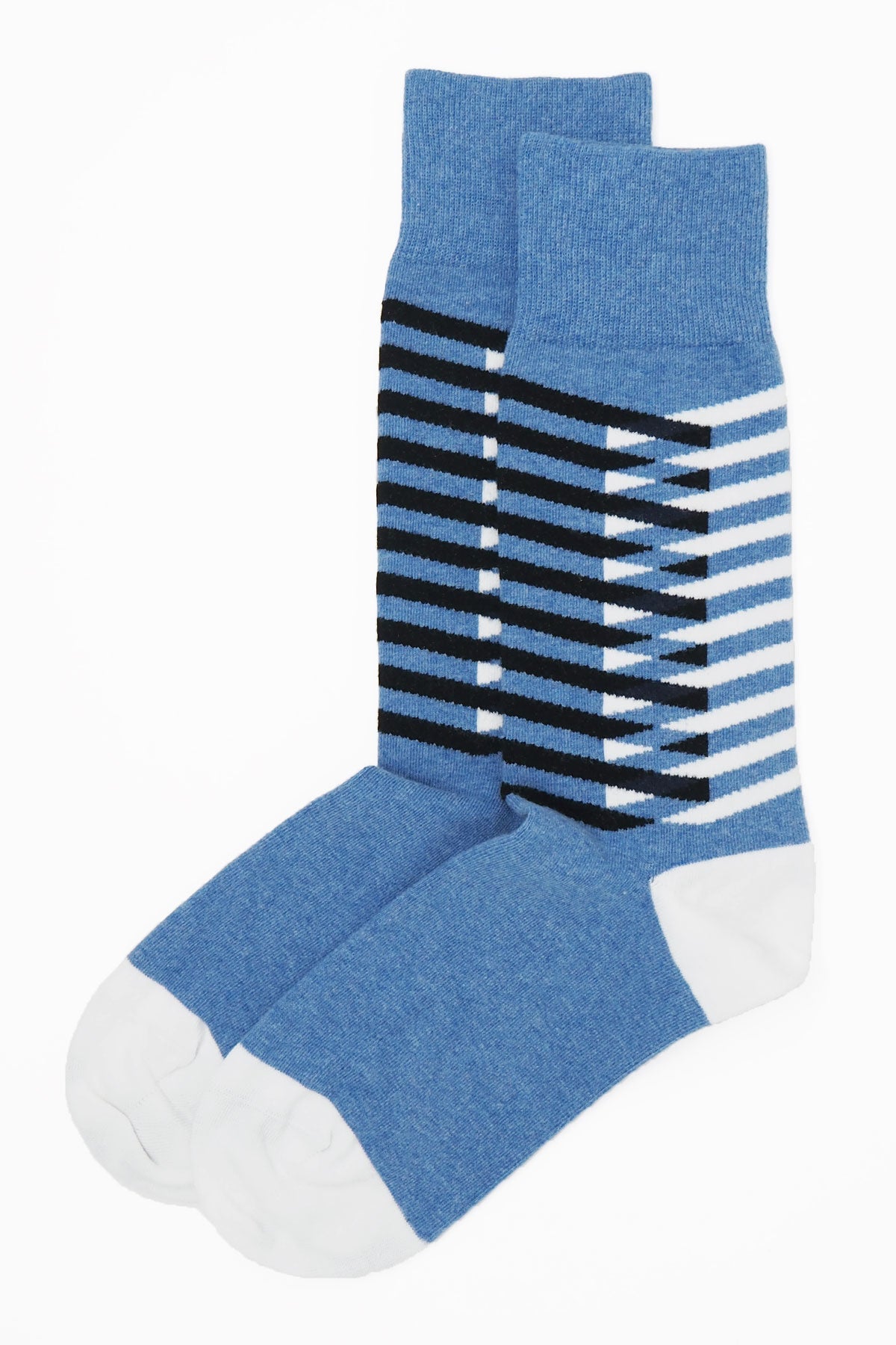 Symmetry Organic Men's Socks in blue with white and black stripes, showcasing a stylish and sustainable design.