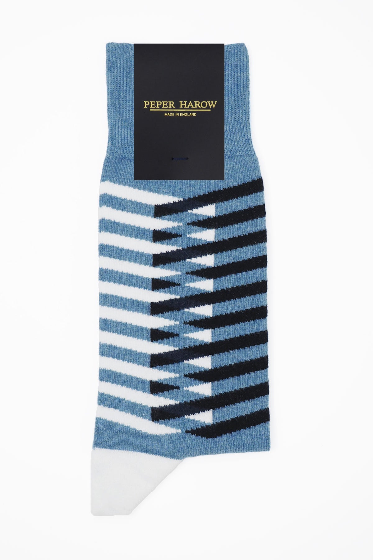 Symmetry Organic Men's Socks in blue with white and black stripes, showcasing a stylish and sustainable design.