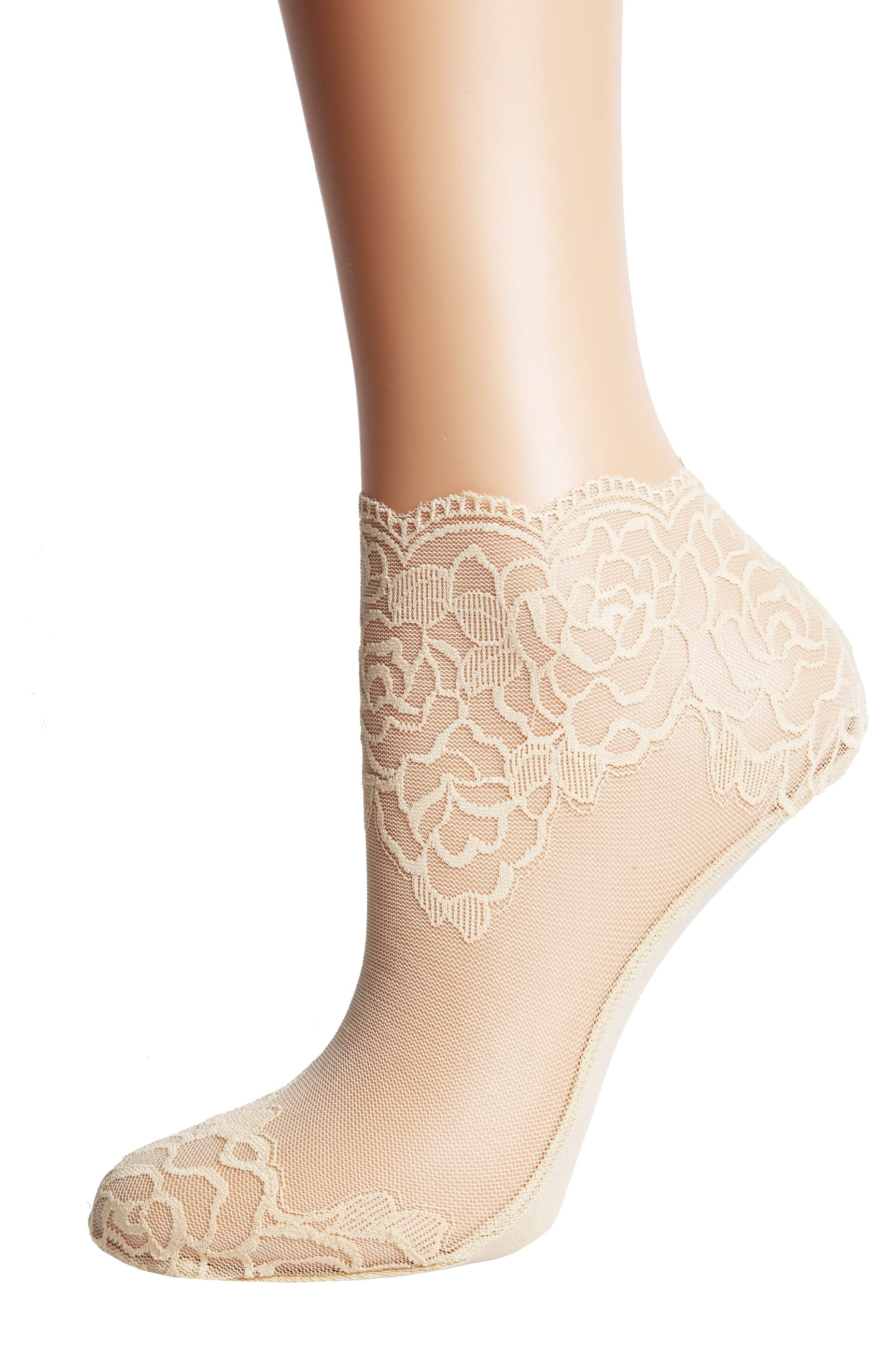 A pair of elegant beige lace socks for women, showcasing intricate lace patterns and a soft texture, perfect for stylish outfits.