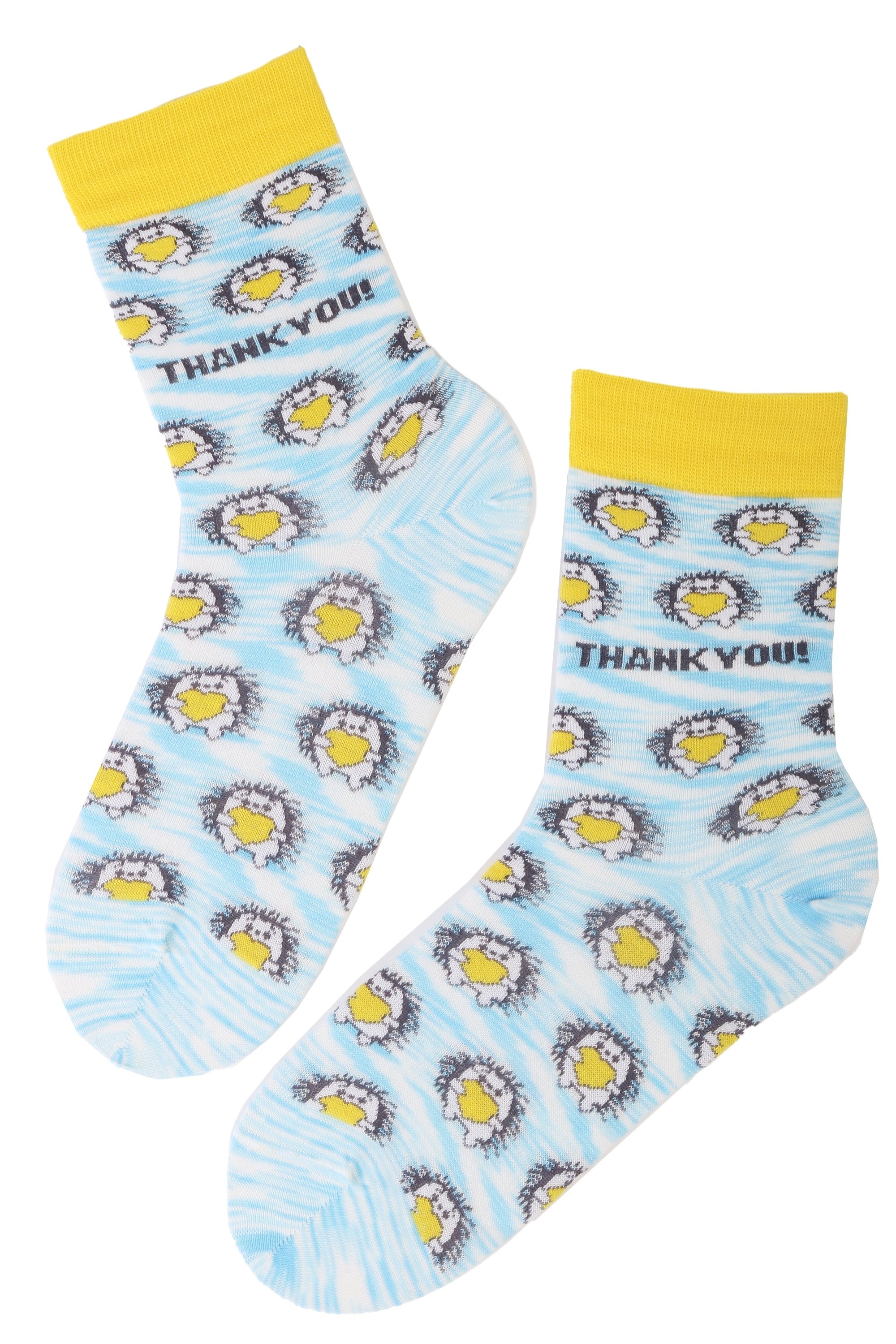 Light blue cotton socks with hedgehog design and 'Thank you' text under the soles, perfect for gifting.