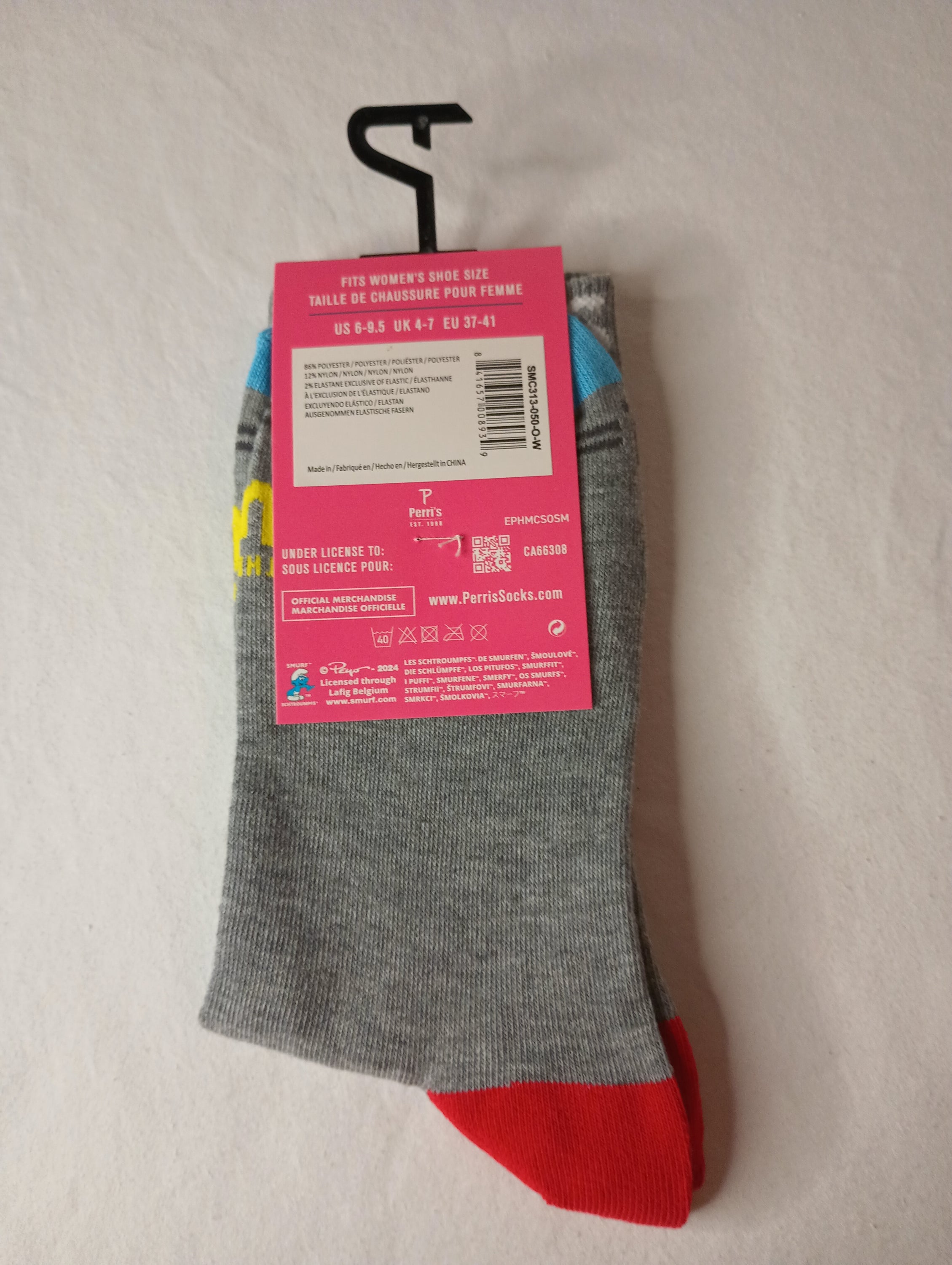 A pair of grey crew socks featuring colorful SMURFS designs, suitable for women's shoe sizes 6-9.5.