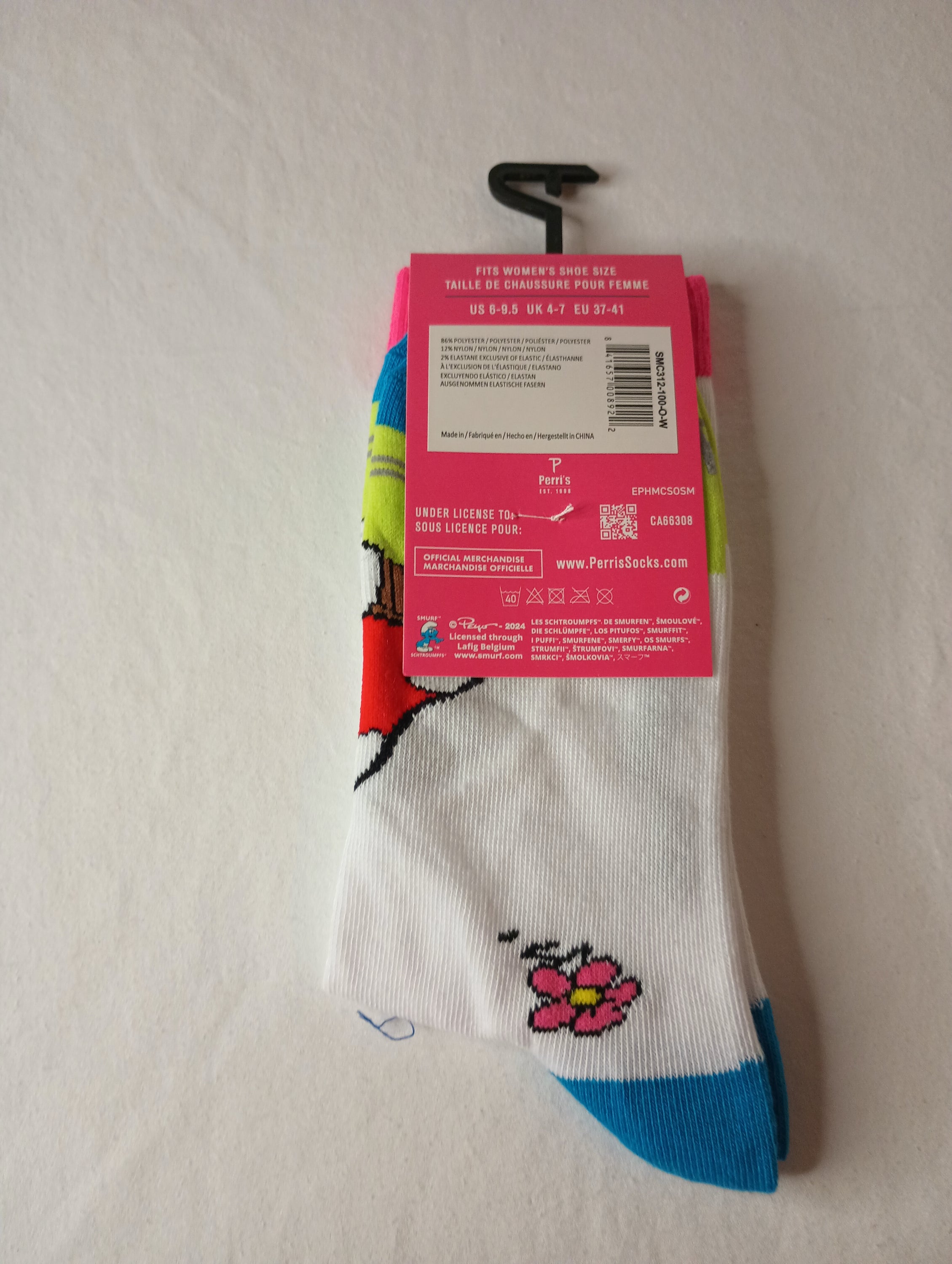 A pair of colorful The Smurfs Crew Socks featuring vibrant designs on a white background, suitable for women's shoe sizes 6-9.5.