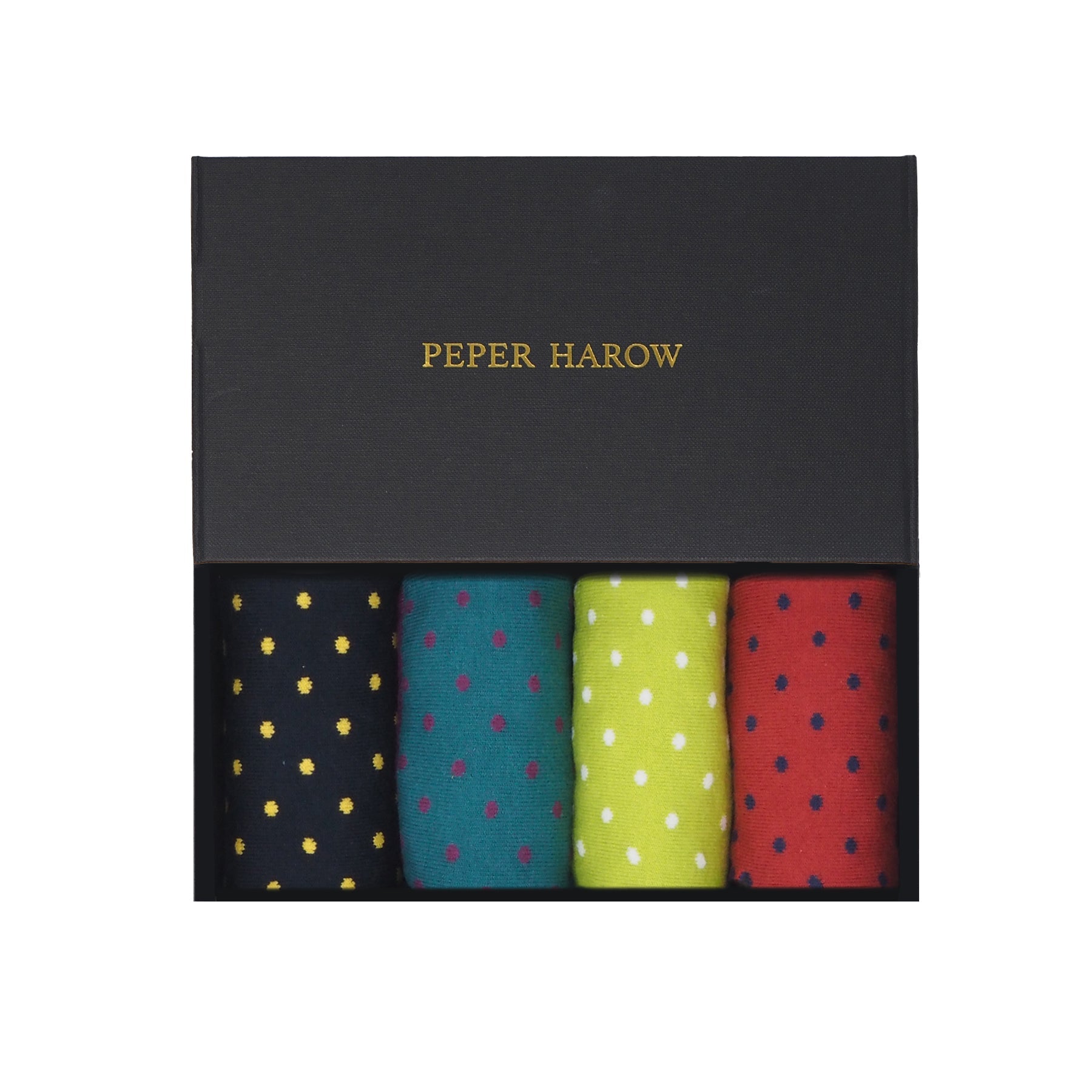 The Spot Men's Gift Box featuring four pairs of colorful pin polka socks in a stylish presentation.