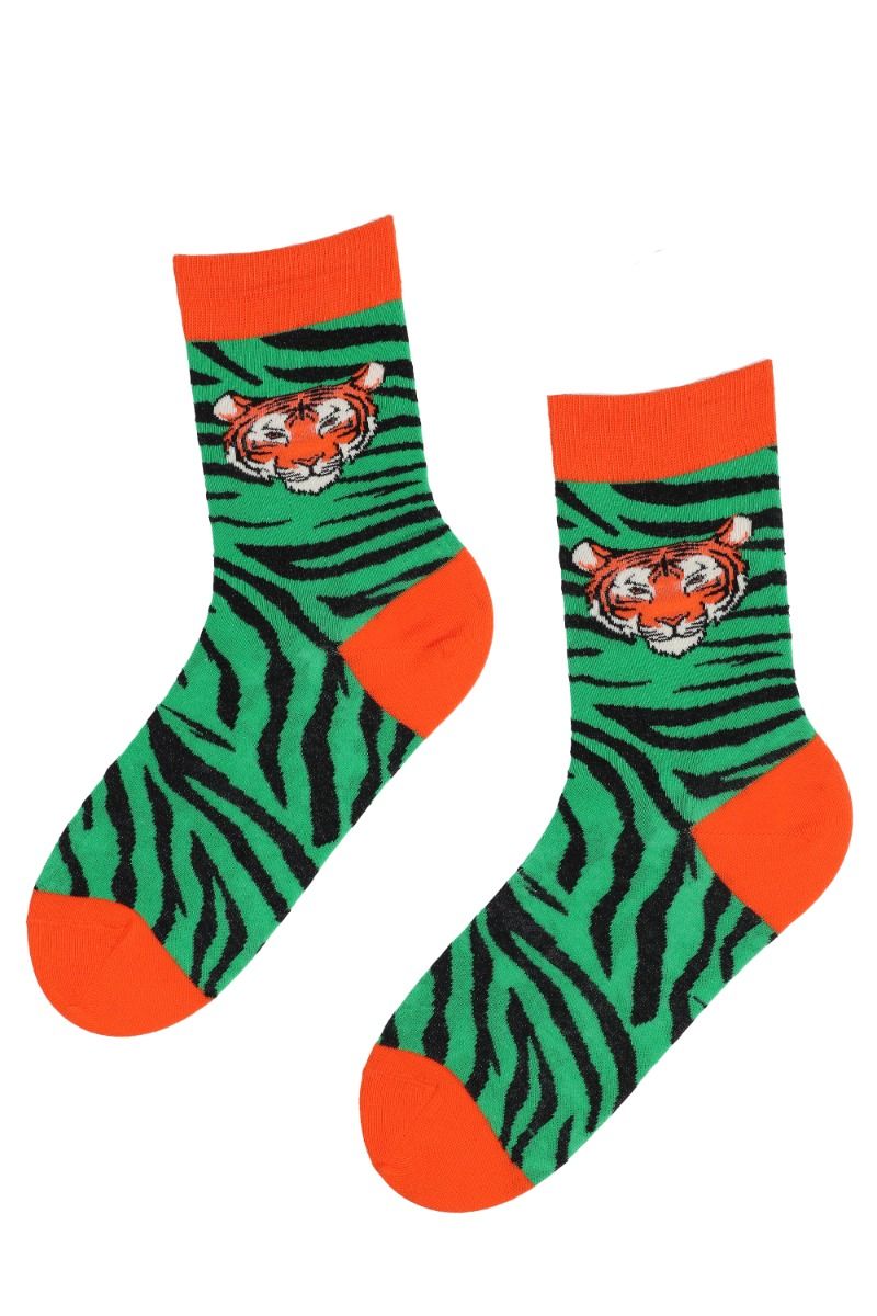 TIGER green socks featuring a playful tiger face design with elegant stripes, made from a soft cotton blend.