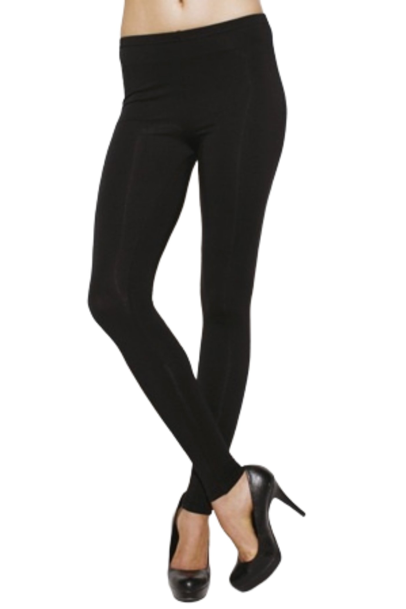 Woman wearing black leggings and heels.