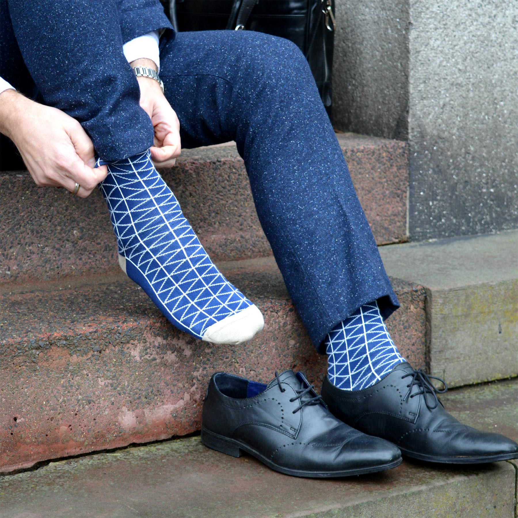 Tritile Men's Socks in royal blue with white stripes, showcasing luxury and comfort.