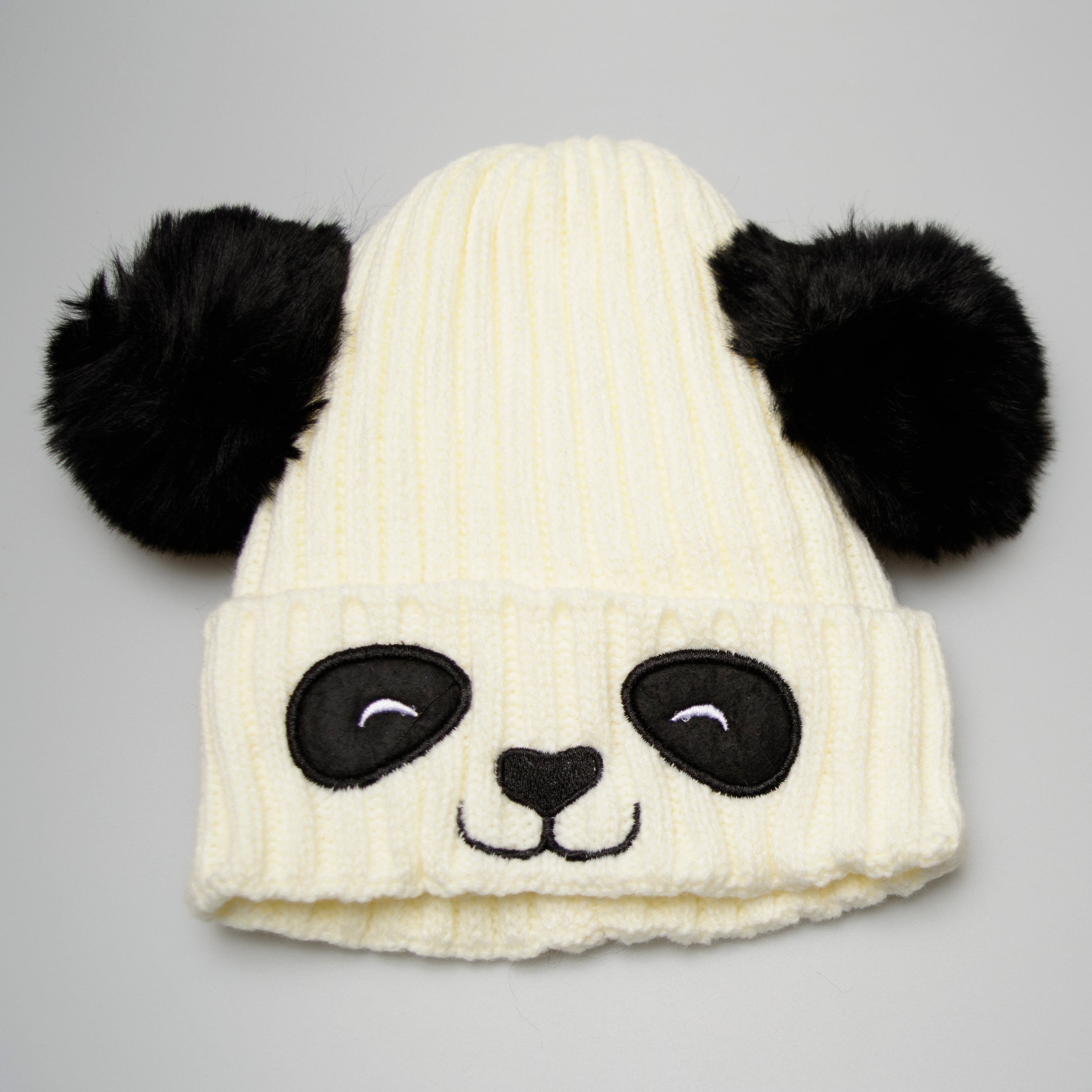 Unisex Cute Panda Cartoon Pattern Knit Winter Beanie for Kids, featuring a playful panda design, available in multiple colors.