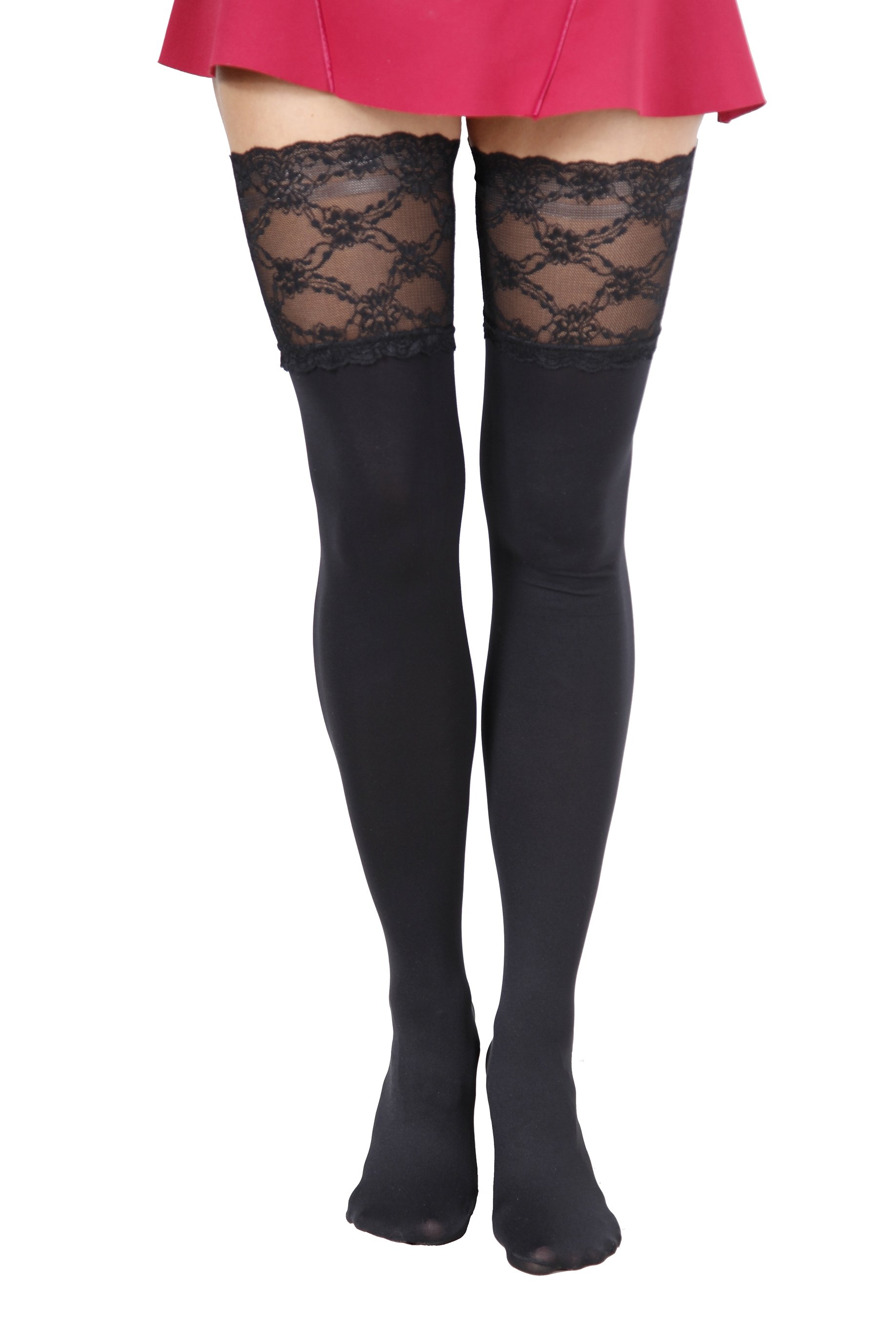 VICTORIA 80 DEN black hold-ups for women featuring a wide lacy silicone cuff and sheer toe design.