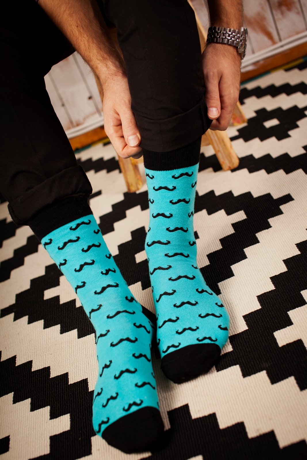 VUNTS light blue cotton socks for men with a unique moustache knit pattern, showcasing their soft texture and stylish design.