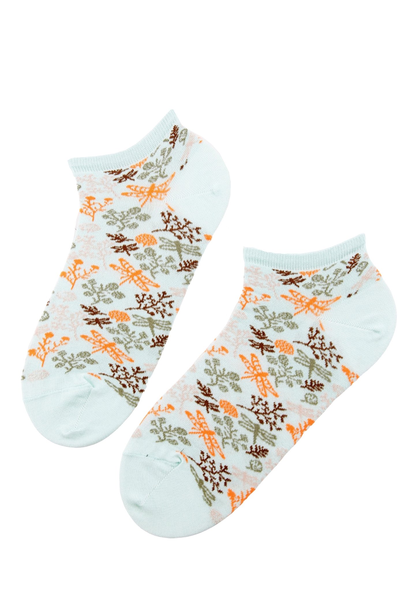 WEDGE FAMILY green low-cut cotton socks featuring a knitted dragonfly pattern, perfect for men and women.