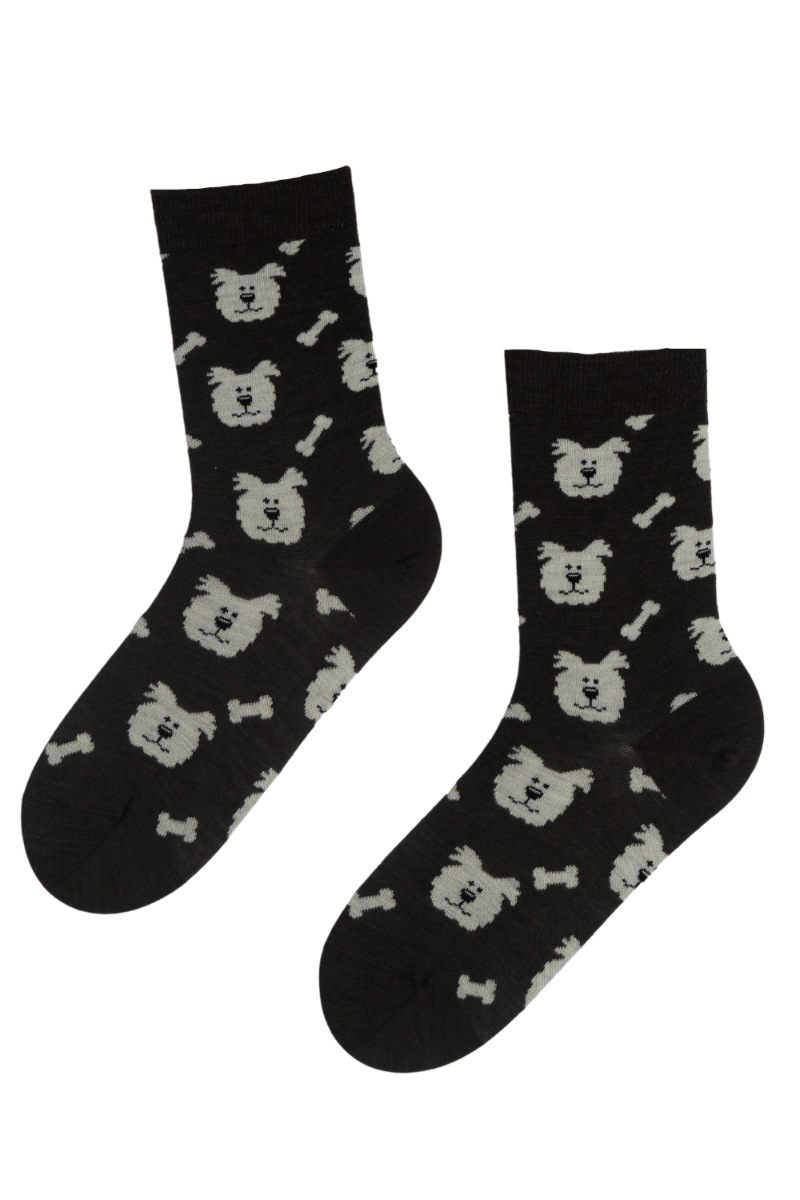 A pair of dark brown merino wool socks featuring cute white dog designs, perfect for comfort and style.