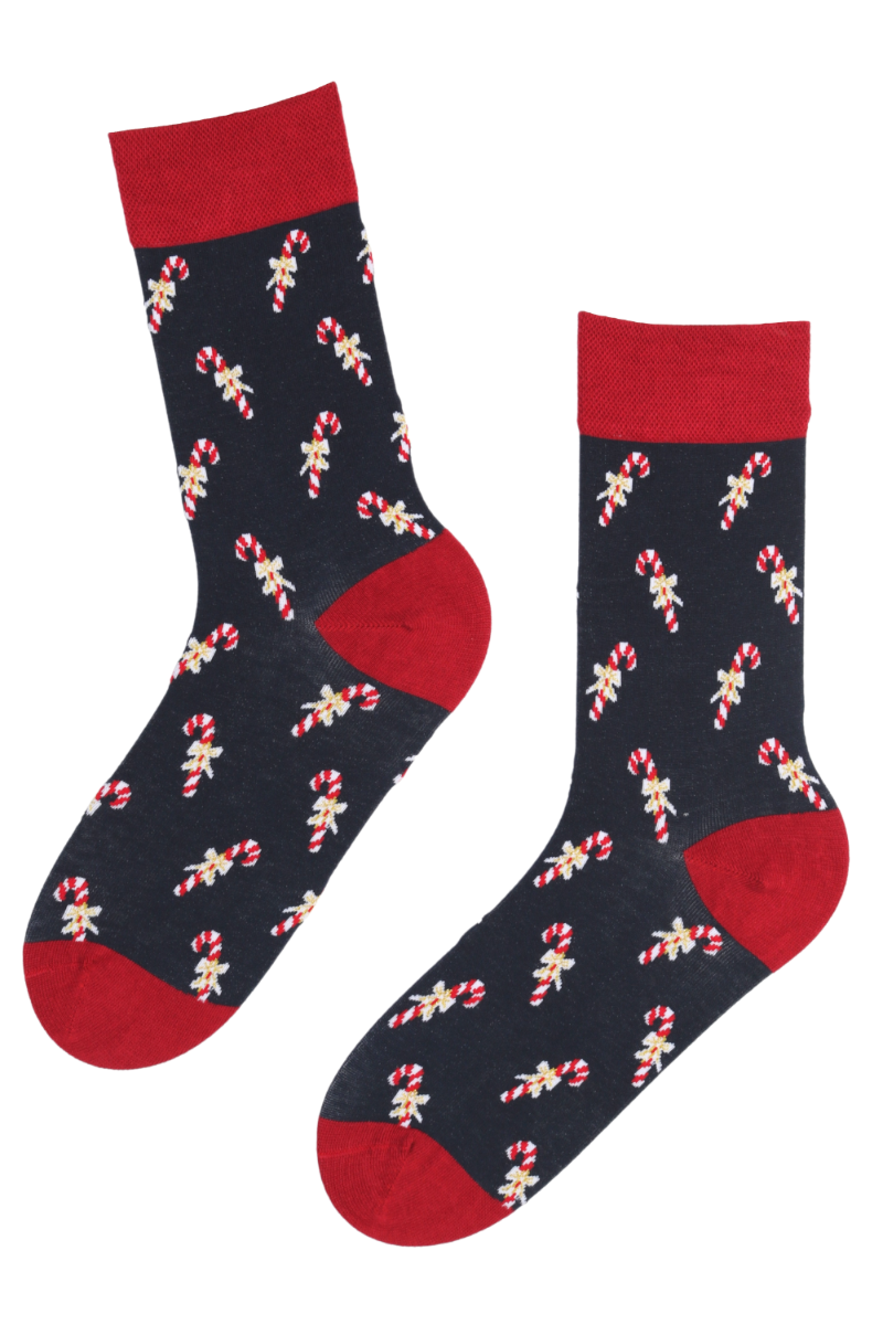 WINTERTIME cotton socks featuring a festive candy pattern in black and red, perfect for Christmas celebrations.