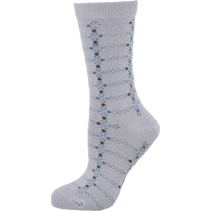 A pair of women's crew socks featuring a trendy geometric pattern, made from soft cotton with a rib knit cuff, perfect for stylish comfort.