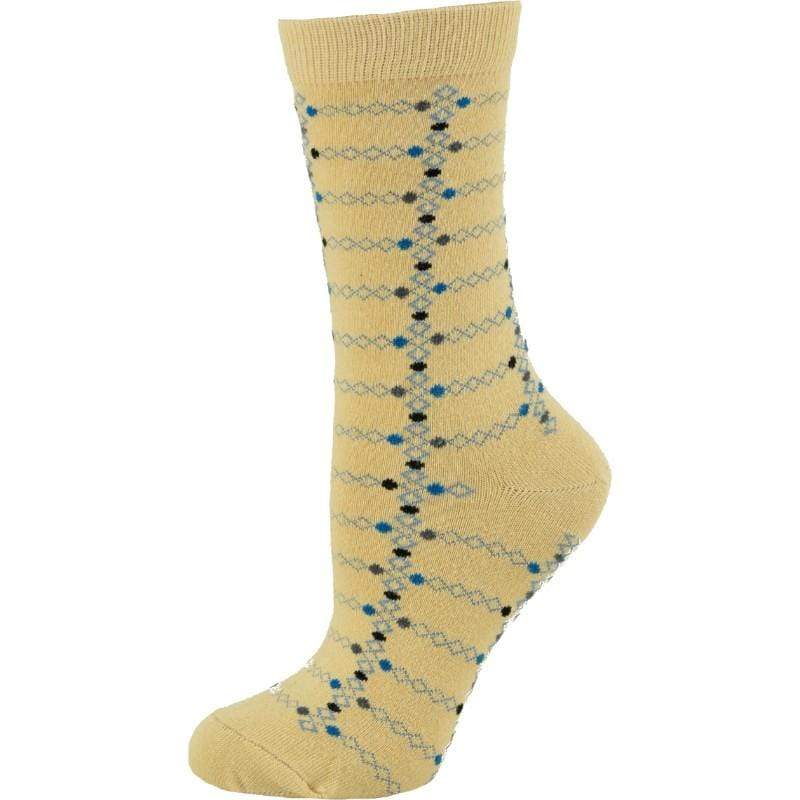 A pair of women's crew socks featuring a trendy geometric pattern, made from soft cotton with a rib knit cuff, perfect for stylish comfort.