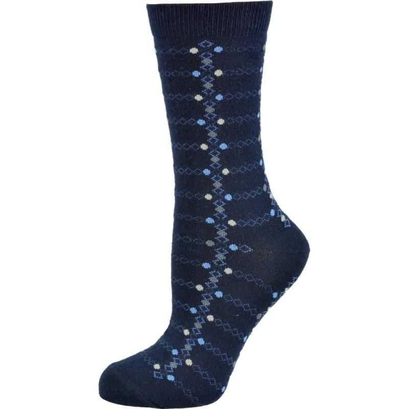 A pair of women's crew socks featuring a trendy geometric pattern, made from soft cotton with a rib knit cuff, perfect for stylish comfort.