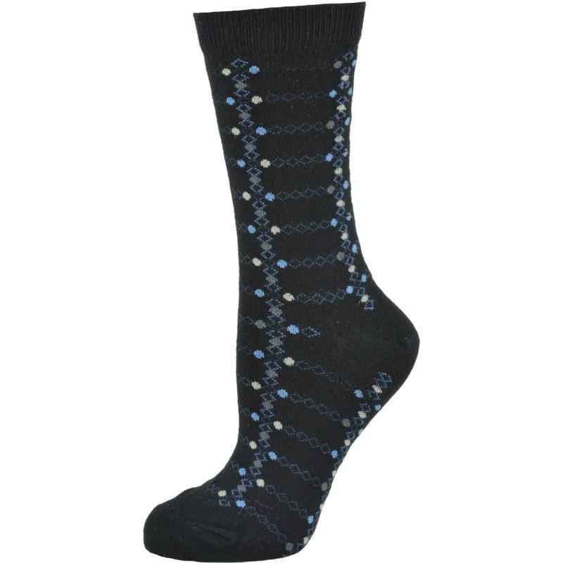 A pair of women's crew socks featuring a trendy geometric pattern, made from soft cotton with a rib knit cuff, perfect for stylish comfort.