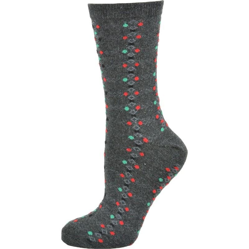 A pair of women's crew socks featuring a trendy geometric pattern, made from soft cotton with a rib knit cuff, perfect for stylish comfort.