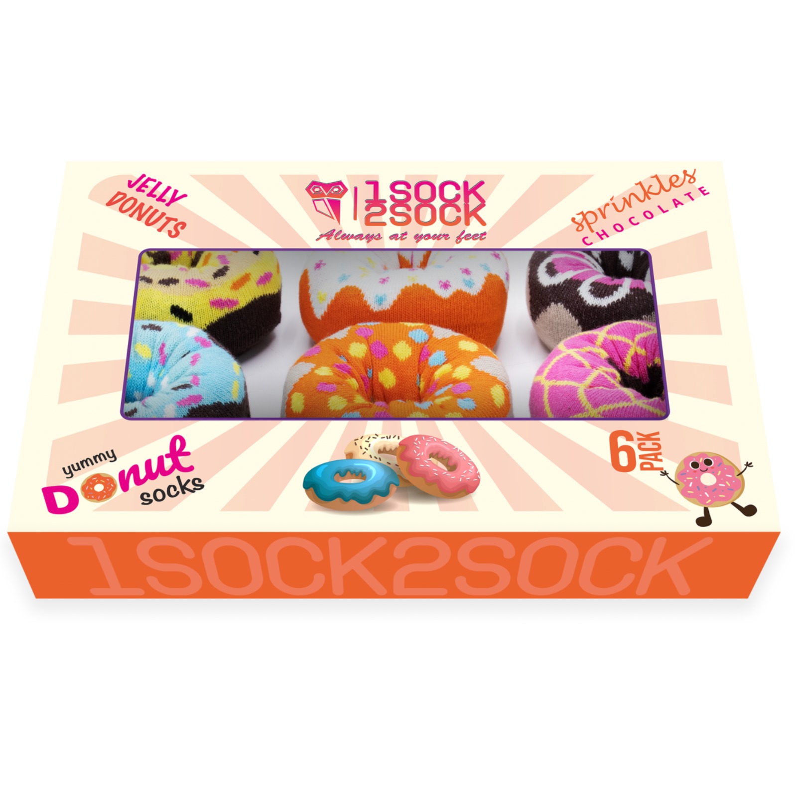 A colorful assortment of six women's donut socks in a gift box, showcasing vibrant patterns and soft cotton material, perfect for everyday wear.