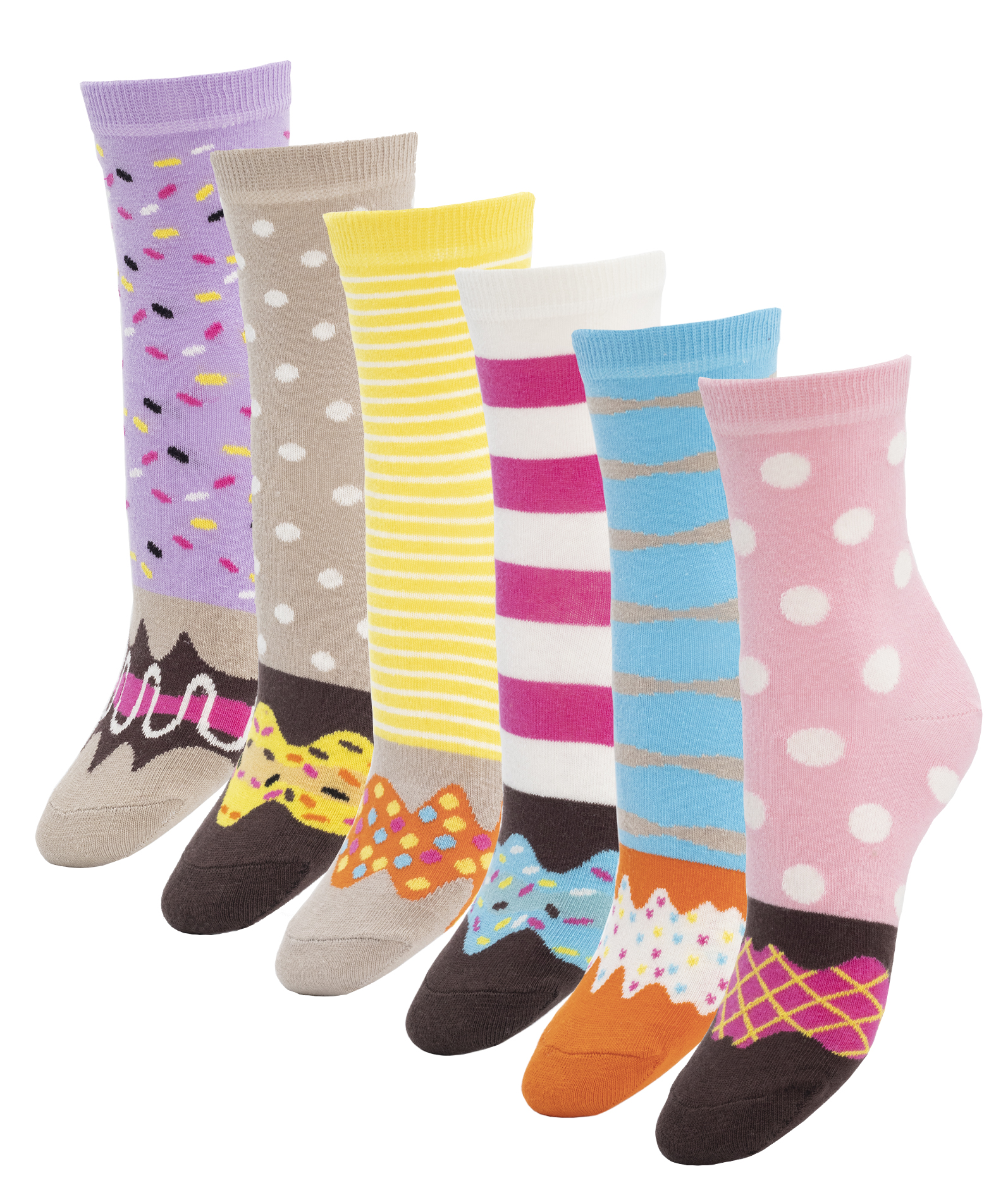 A colorful assortment of six women's donut socks in a gift box, showcasing vibrant patterns and soft cotton material, perfect for everyday wear.