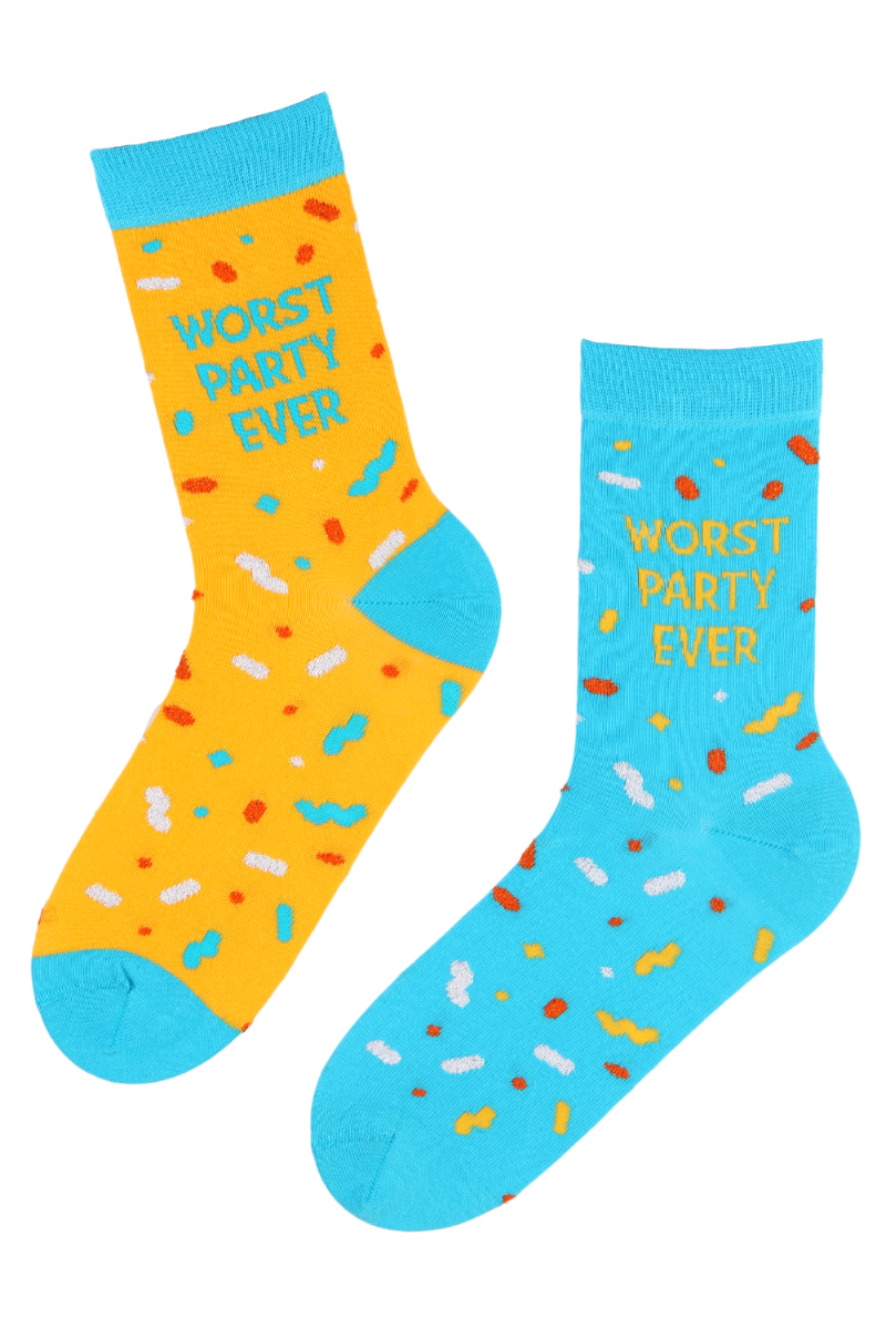 WORST PARTY EVER cotton socks featuring one yellow and one blue sock, perfect for humorous gifting.