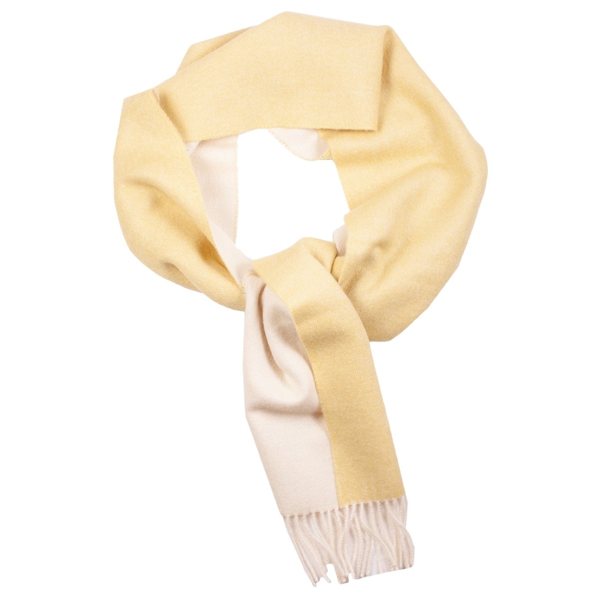 A luxurious yellow-white alpaca wool scarf, showcasing its soft texture and elegant design, perfect for autumn and winter wear.