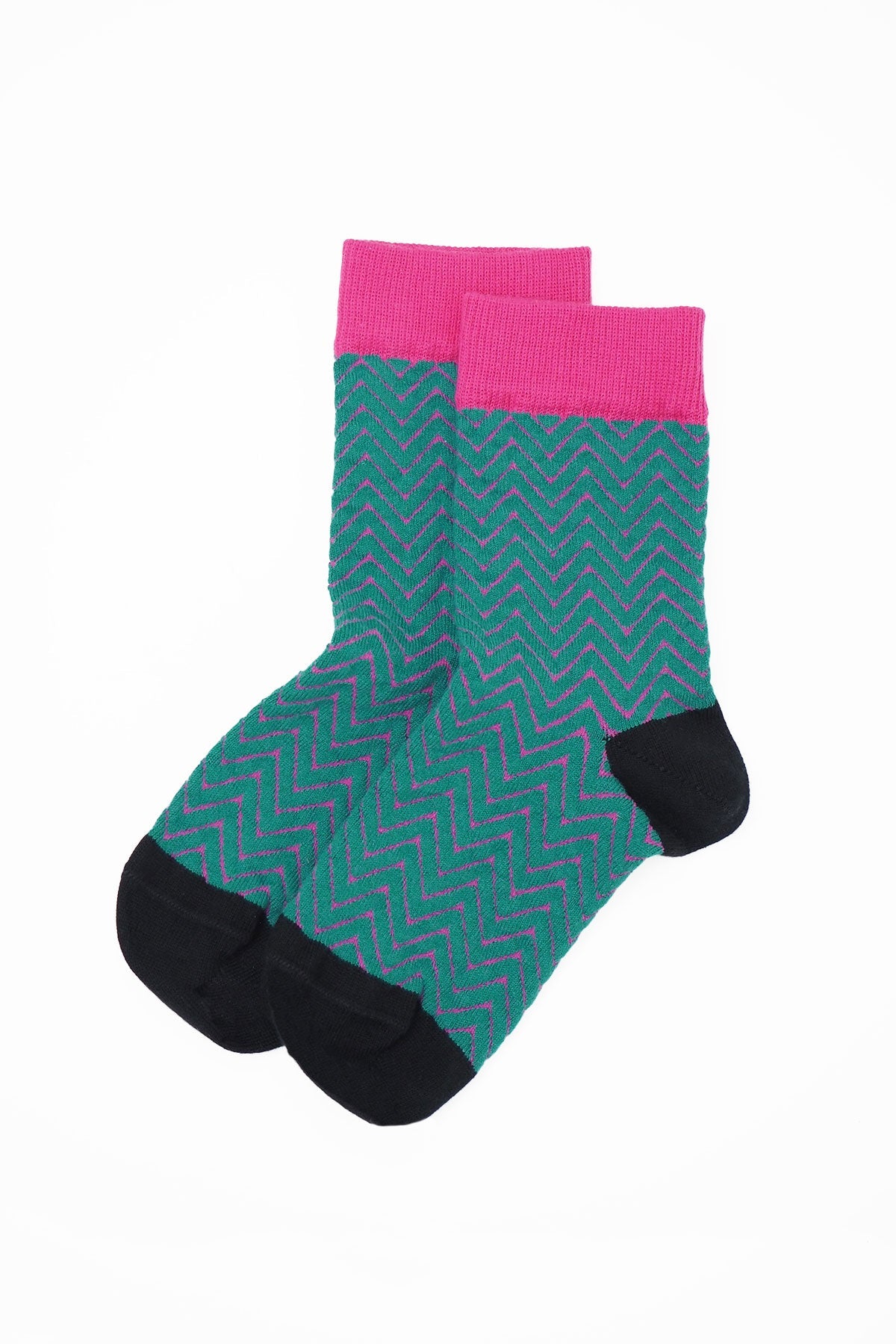 A pair of vibrant teal Zigzag women's socks featuring a stylish zigzag pattern in bright pink, made from luxurious Supima cotton.