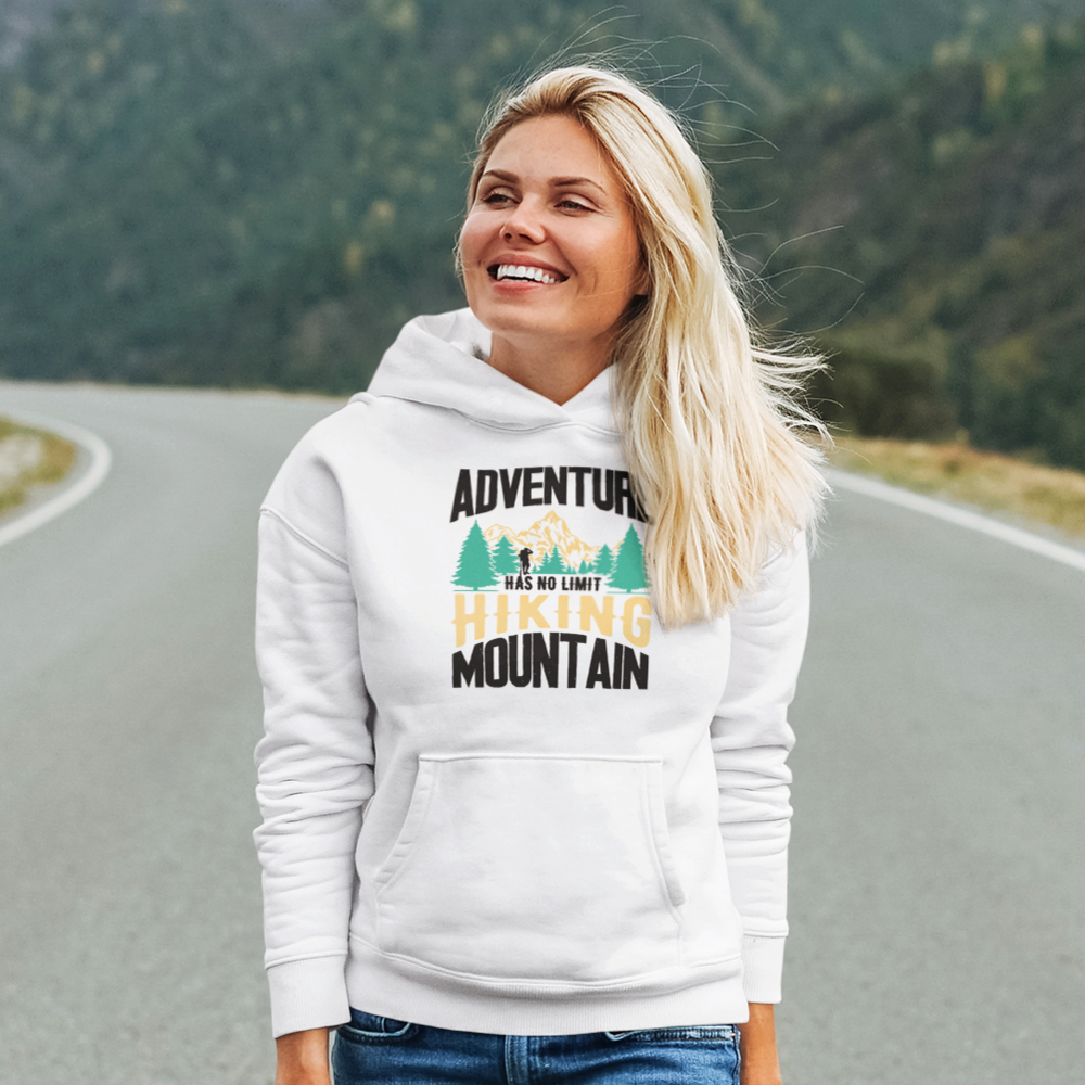 Adventure Has No Limit Unisex Hoodie in a classic fit, showcasing its comfortable fabric and stylish design, perfect for both men and women.