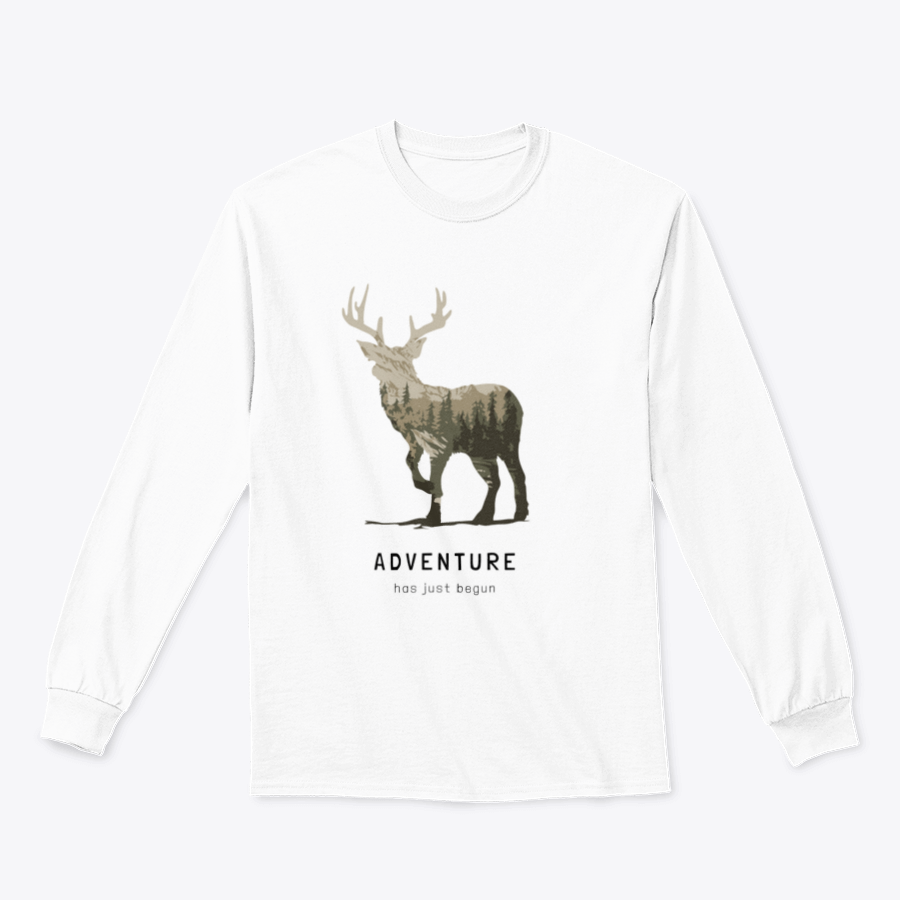 Adventure Slogan T-shirt featuring an alpine mountain view and deer silhouette, showcasing a stylish outdoor design.