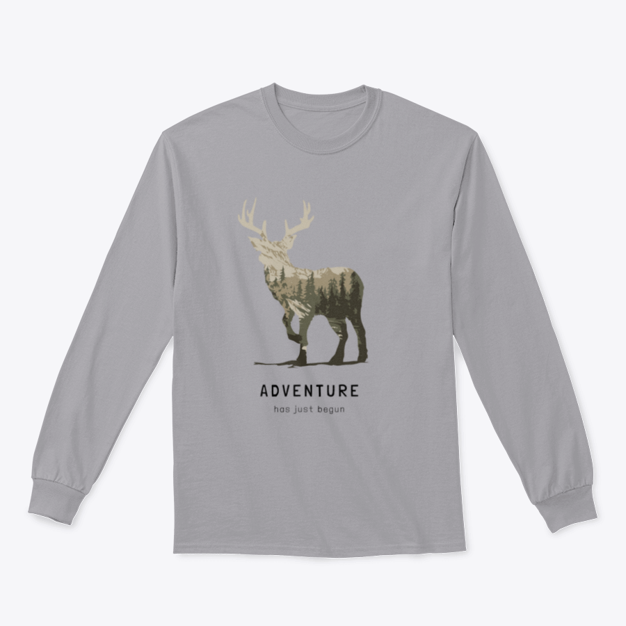 Adventure Slogan T-shirt featuring an alpine mountain view and deer silhouette, showcasing a stylish outdoor design.