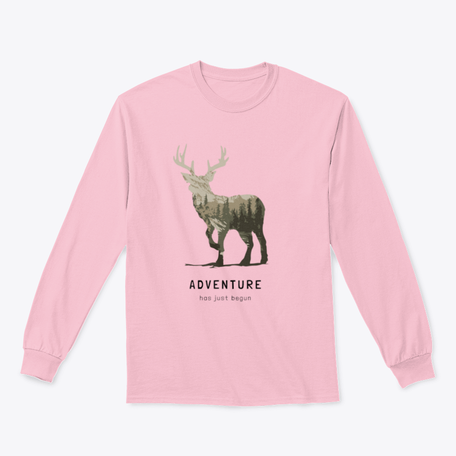 Adventure Slogan T-shirt featuring an alpine mountain view and deer silhouette, showcasing a stylish outdoor design.