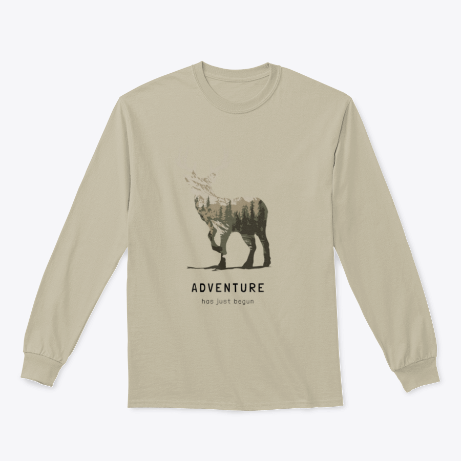 Adventure Slogan T-shirt featuring an alpine mountain view and deer silhouette, showcasing a stylish outdoor design.