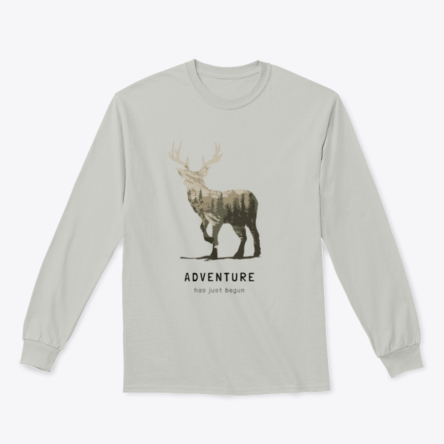 Adventure Slogan T-shirt featuring an alpine mountain view and deer silhouette, showcasing a stylish outdoor design.