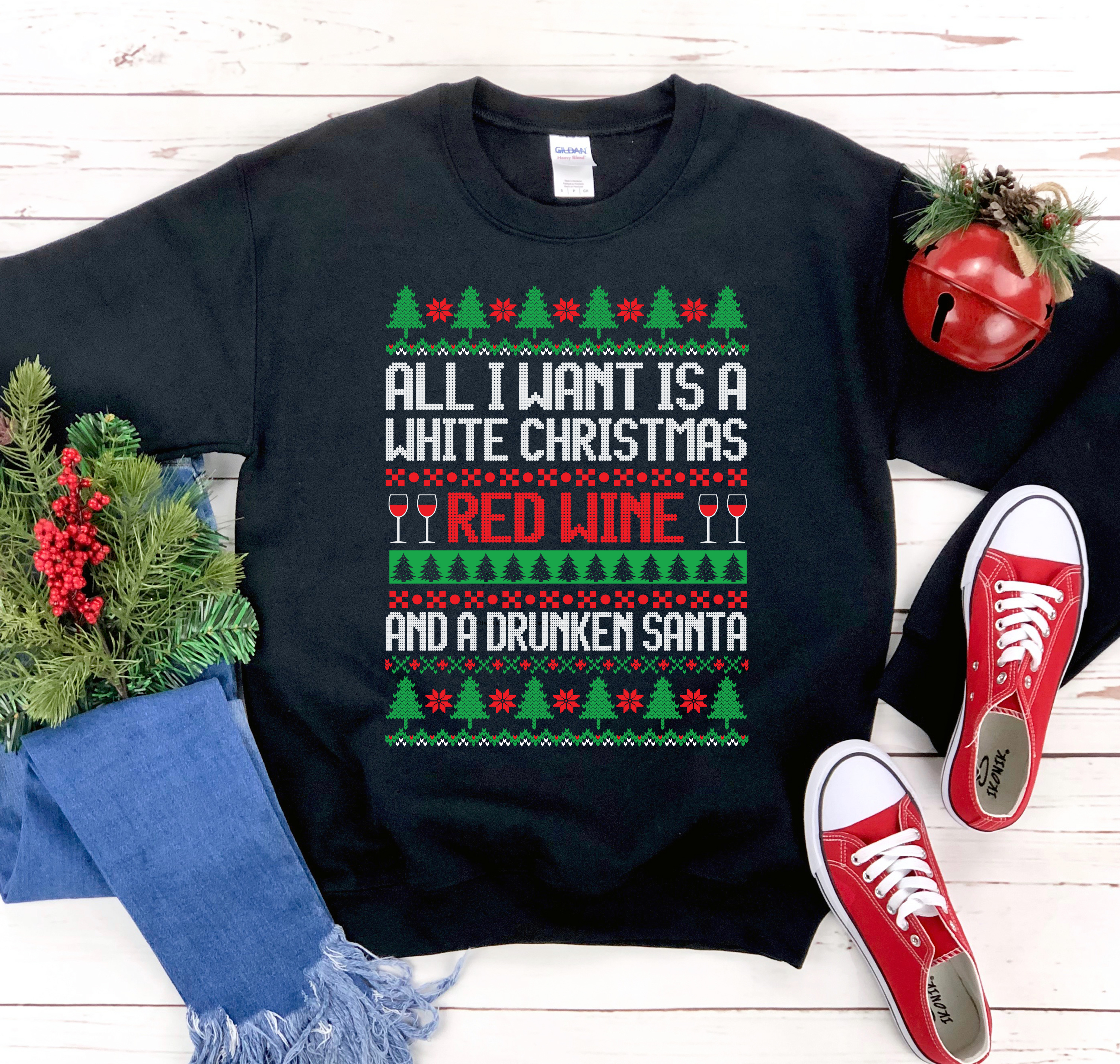 A cozy unisex sweatshirt featuring the phrase 'All I Want is a White Christmas' in festive lettering, perfect for holiday wear.