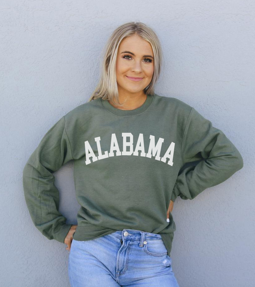 Cozy unisex Alabama Sweatshirt featuring a crew neck and soft fabric, perfect for casual wear.