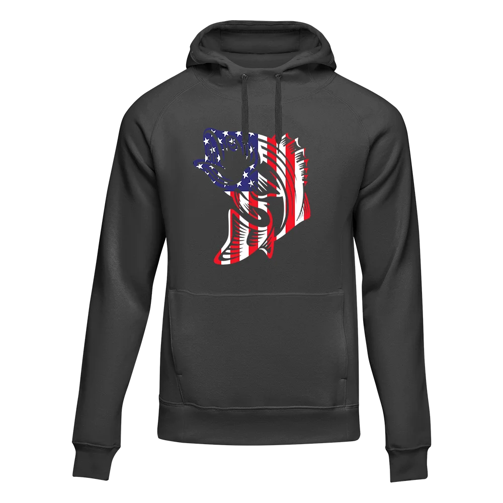 American Flag Fish Unisex Hoodie featuring a unique patriotic design, perfect for casual wear and showcasing love for the USA.