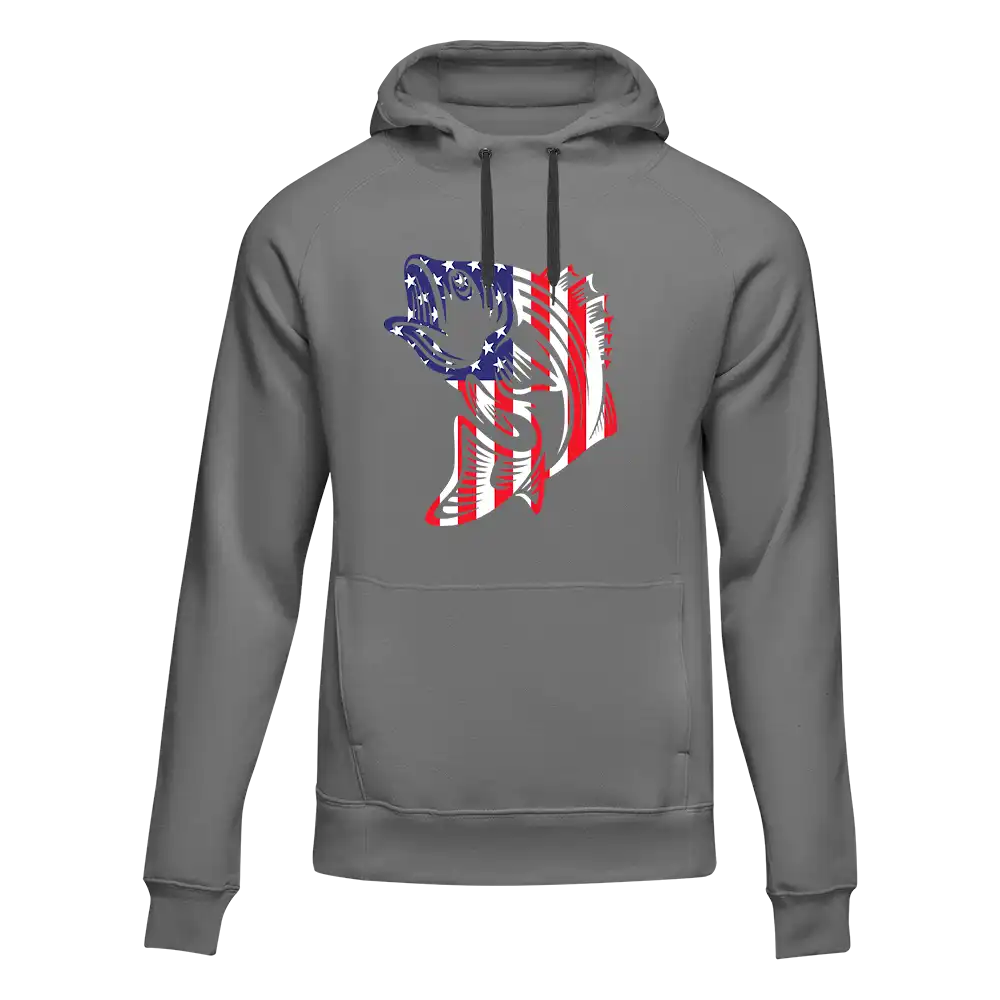 American Flag Fish Unisex Hoodie featuring a unique patriotic design, perfect for casual wear and showcasing love for the USA.