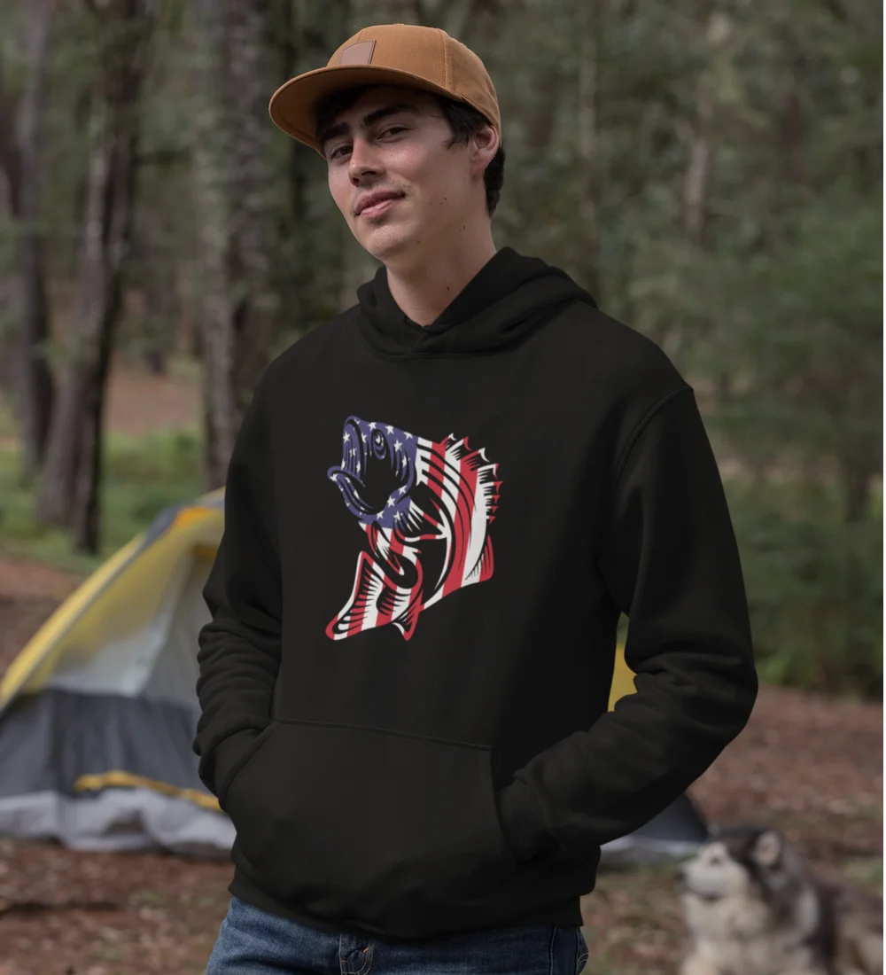 American Flag Fish Unisex Hoodie featuring a unique patriotic design, perfect for casual wear and showcasing love for the USA.