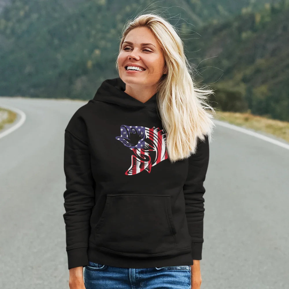 American Flag Fish Unisex Hoodie featuring a unique patriotic design, perfect for casual wear and showcasing love for the USA.