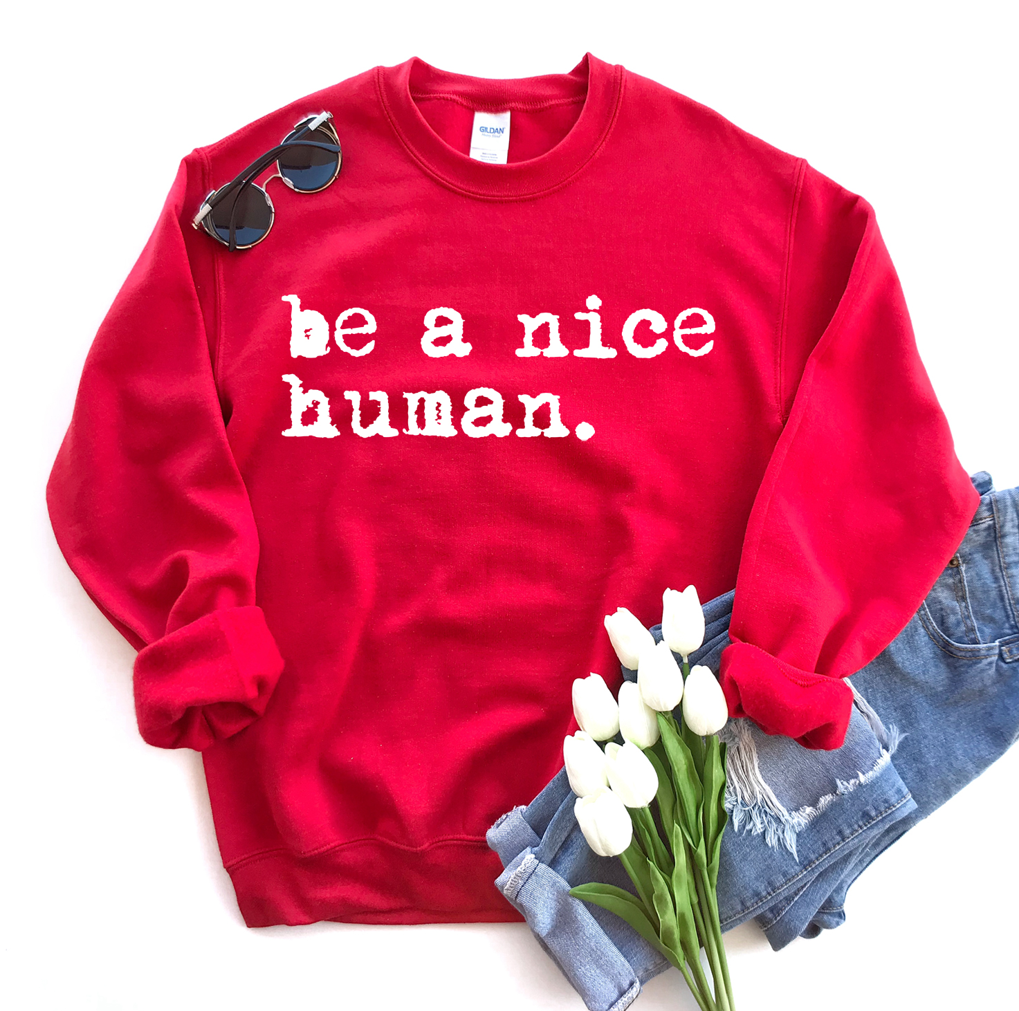 Be A Nice Human Sweatshirt in a soft fabric blend, featuring a crew neck and rib-knit collar, perfect for casual wear.